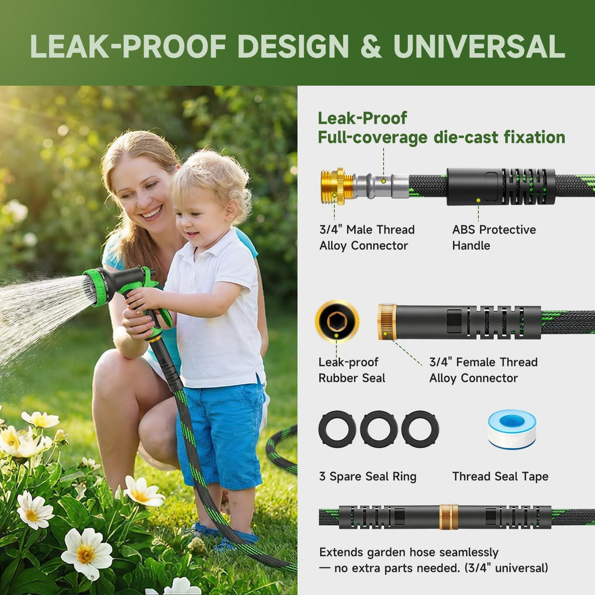Non-Expandable Garden Hose 50 FT, Heavy-Duty & Flexible Water Hose with 10-Function Nozzle, Kink-Free & Leak-Proof