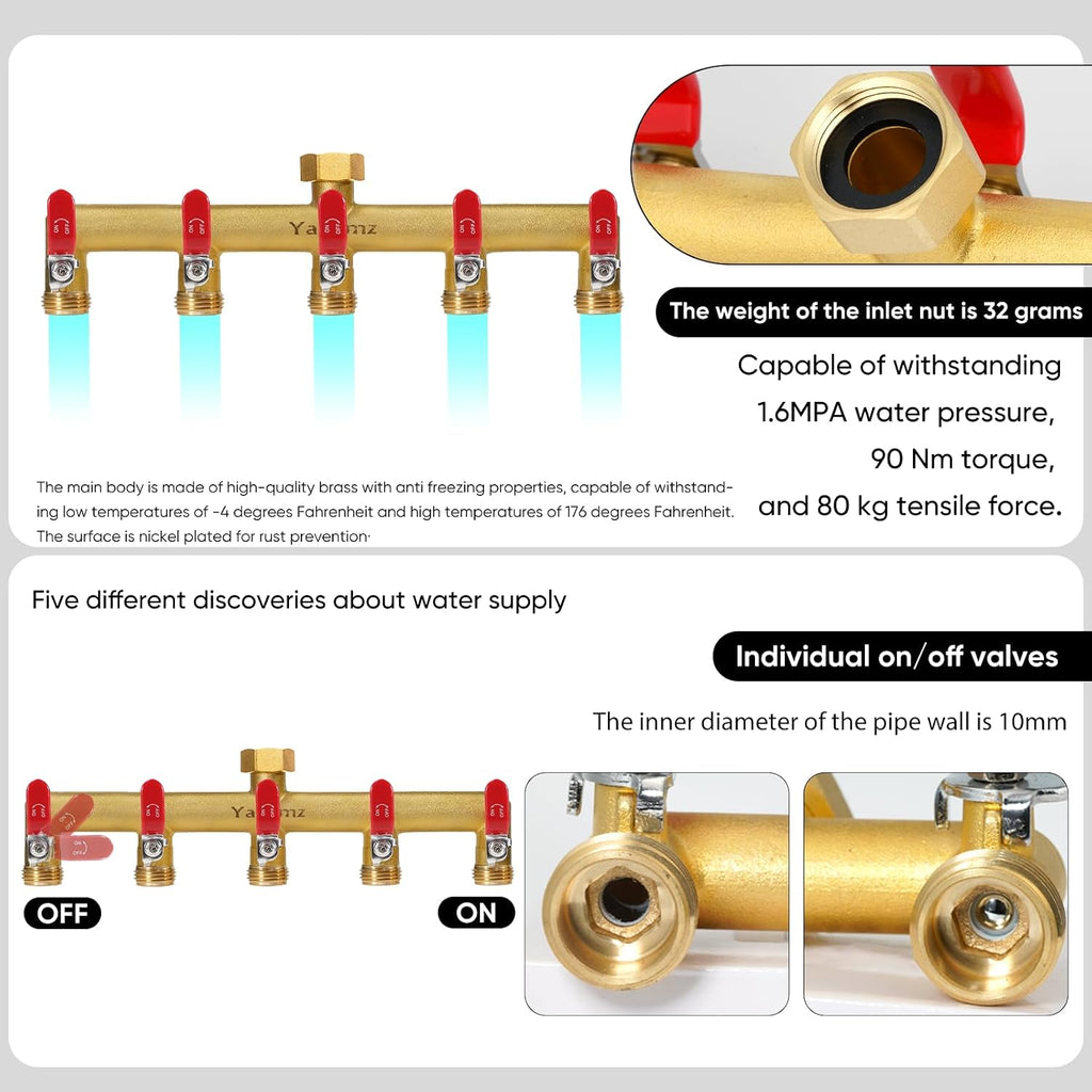 5 Way Garden Hose Splitter, 3/4" GHT Outdoor Water Spigot Splitter | Heavy Duty Solid Brass Body with Shut-off Valves &