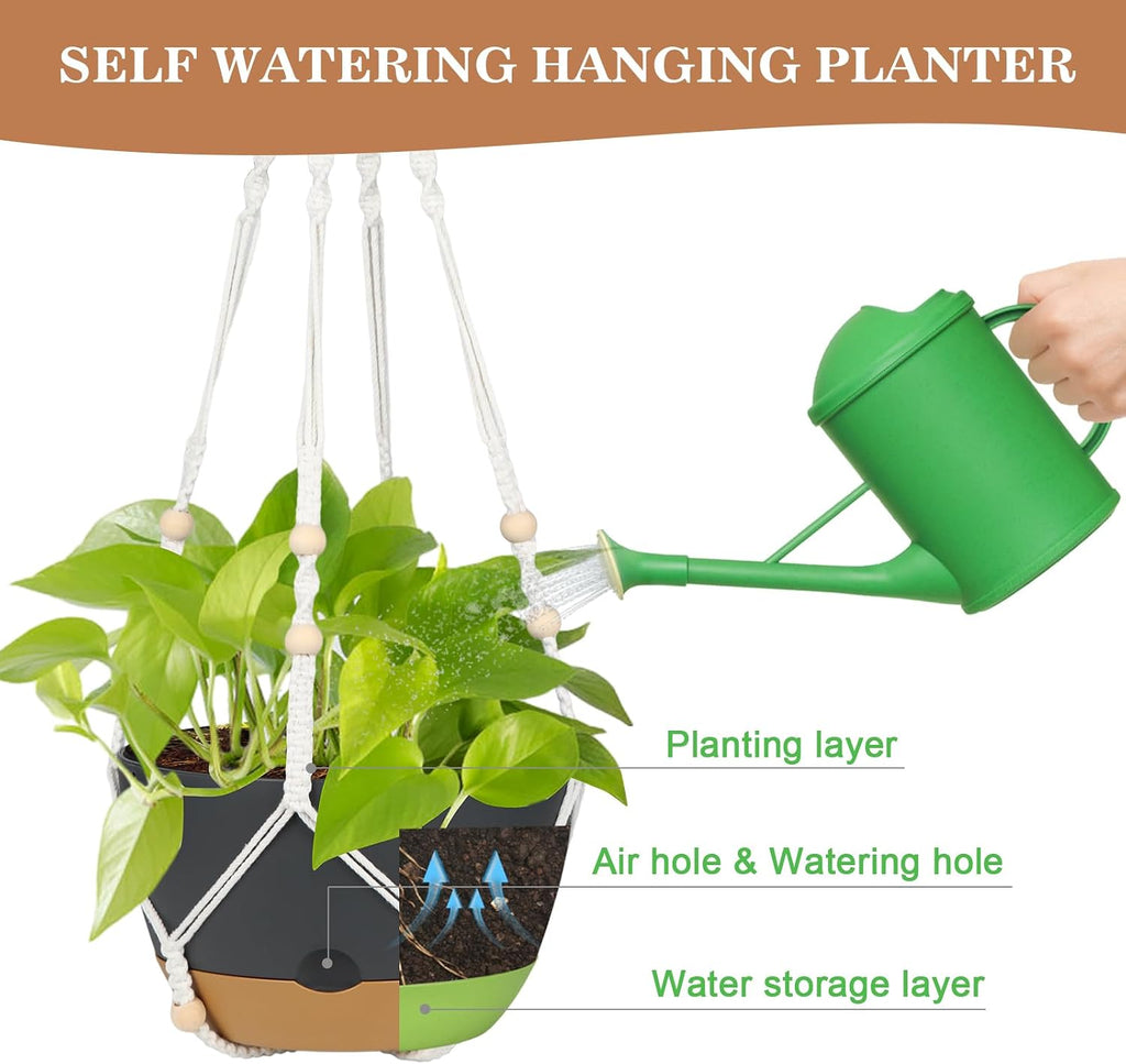 Hanging Planter for Indoor Plants, 3 Pack 10 Inch Self Watering Flower Pot with Macrame Plant Hanger, Metal Chain, S &