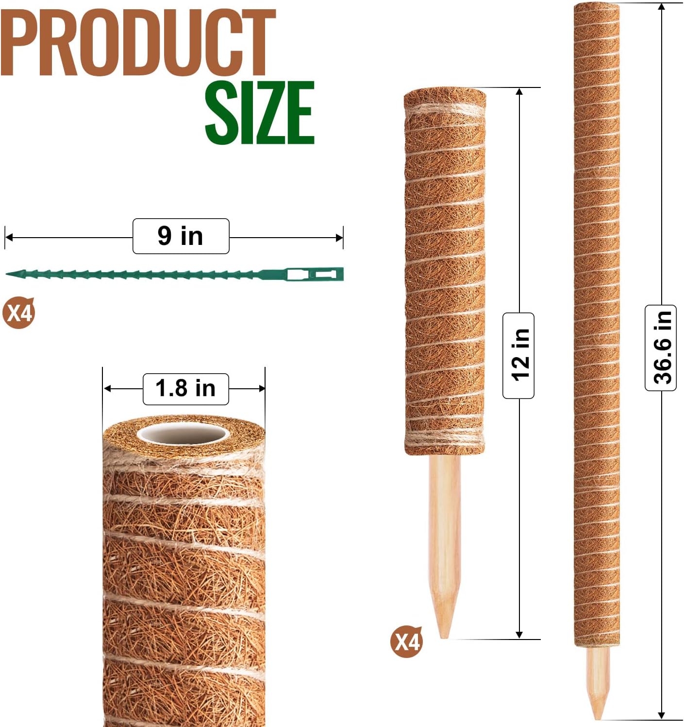 Coir Moss Poles for Climbing Plants, 8 Pcs 12'' Coir Moss Totem Stick | with 16 Pcs Adjustable Plant Ties, For Creepers
