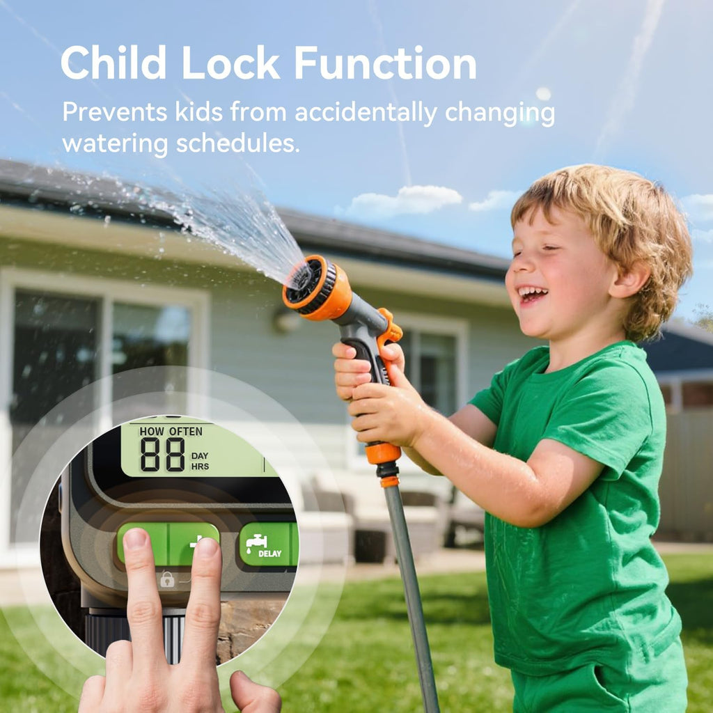 Sprinkler Timer for Garden Hose, Programmable Water Timer with 4 Custom Plans, Rain Delay & 2-Way Splitter, Digital