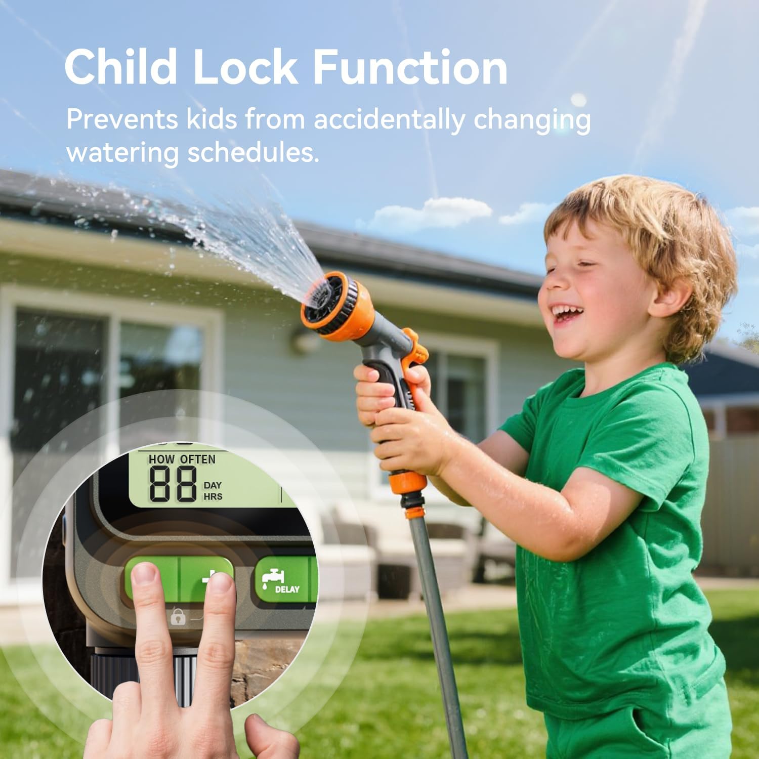 Sprinkler Timer for Garden Hose, Programmable Water Timer with 4 Custom Plans, Rain Delay & 2-Way Splitter, Digital