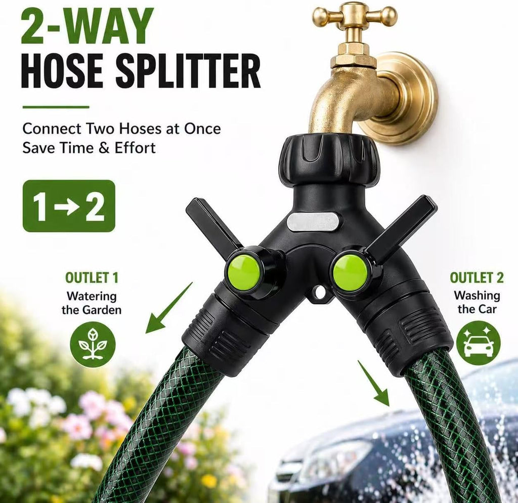 Garden Hose Splitter 2 Way Heavy Duty with Shut Off Valves,3/4" GHT | Large Ball Valve Design Helps Reduce Water