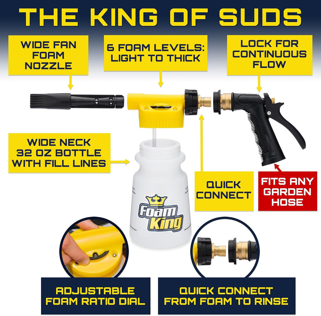 Foam King Car Wash Foam Gun Sprayer, Foam Cannon Garden Hose Soap Sprayer | King of Suds 32oz with 6 adjustable foam
