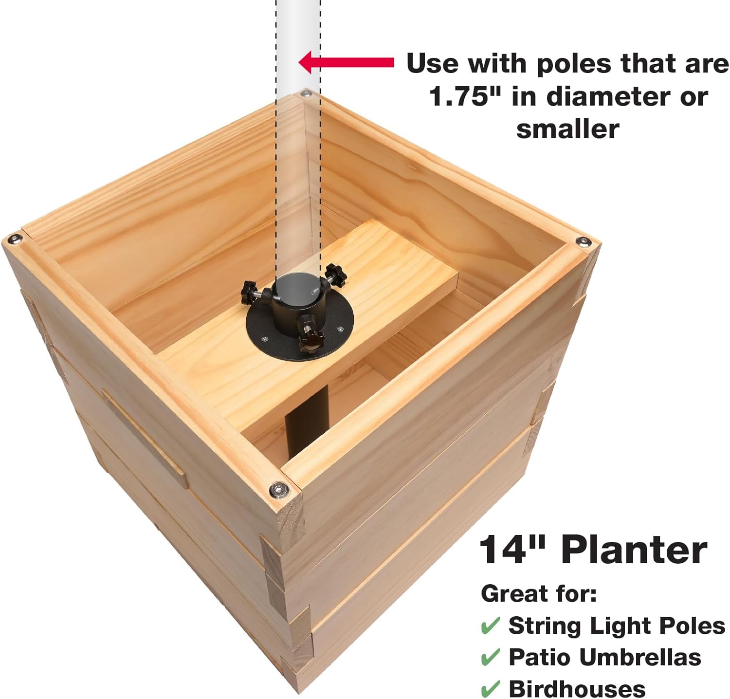 Large Decorative Wooden Planter with Universal Pole Support for String Light Poles, Umbrellas, Bird Feeders. Solid Wood