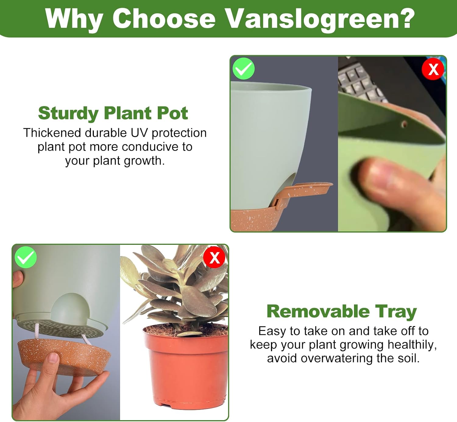 Vanslogreen Planters for Indoor Plants, 8/7/6.5/6/5.5/5 Inch Self Watering Planters with Drainage Hole, Plastic