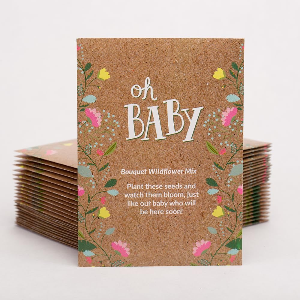 Oh Baby Flower Seeds Packets - Girl/Boy Baby Shower Favors - Pre-Filled, 25 Wildflower Seed Packs for Favor