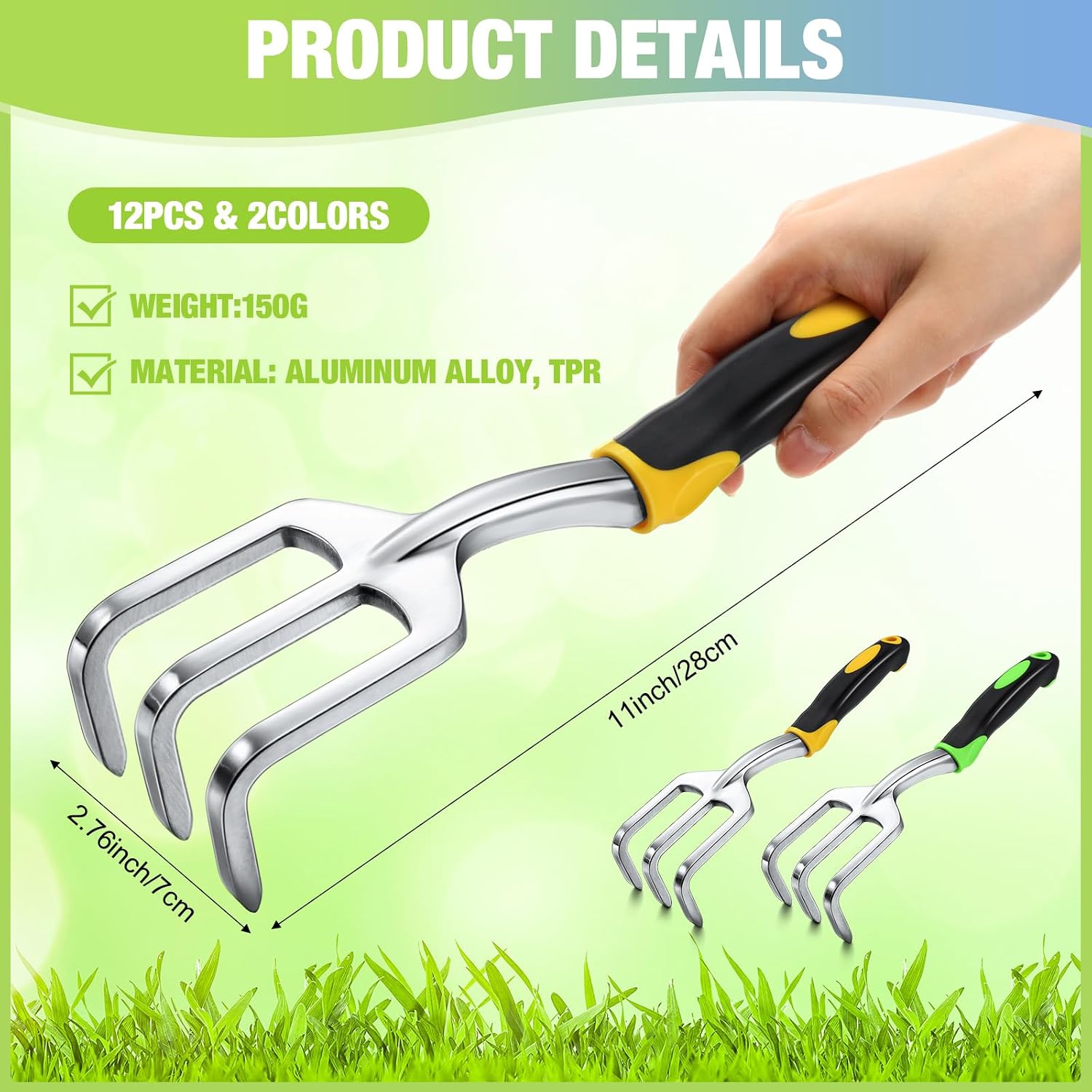 Yaocom 12 Pcs Hand Rake Garden Tool Mini Rake Heavy Duty Garden Cultivator 11 Inches Small Rake for Gardening Aluminum