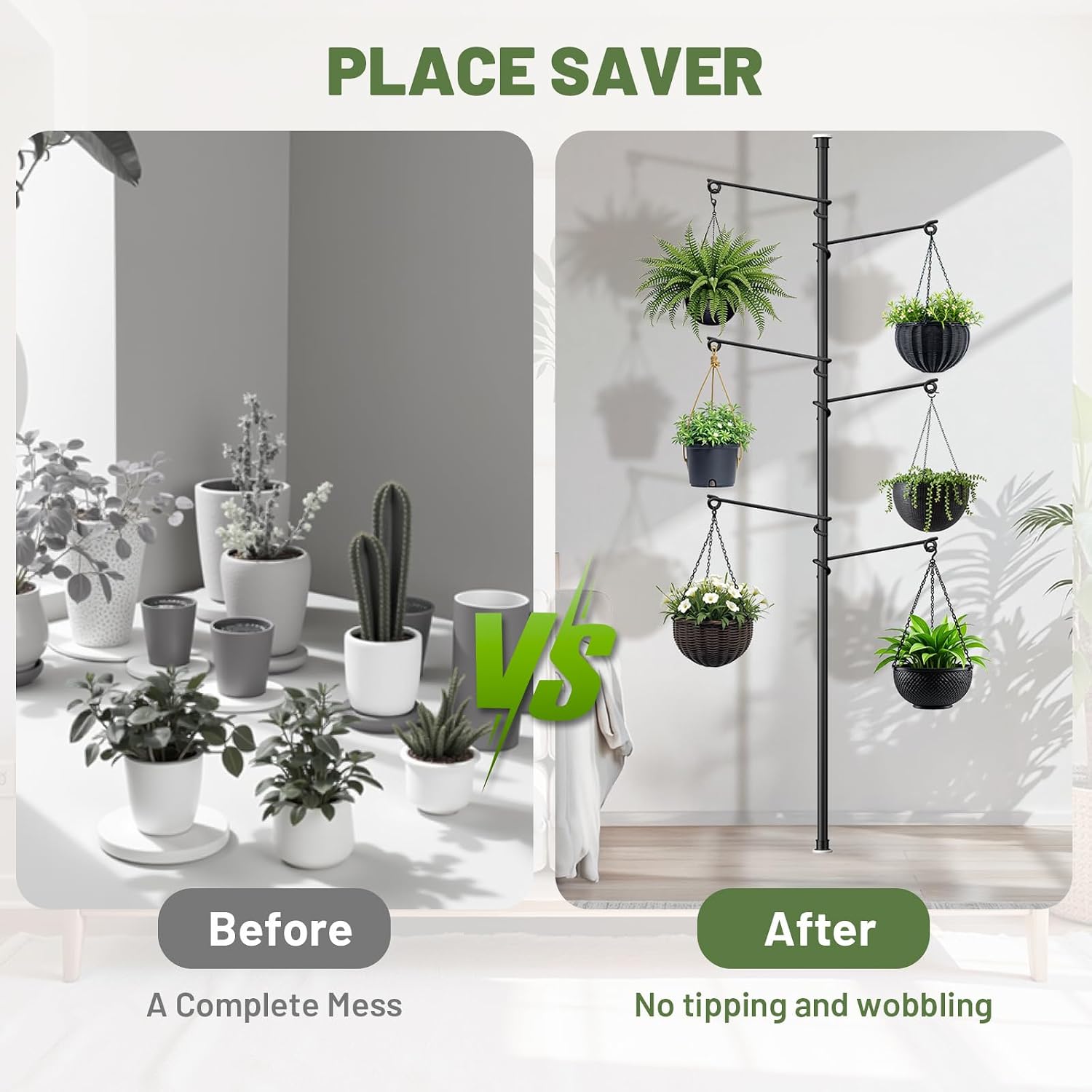 Tension Rod Plant Stand, Plant Poles for Hanging Plants Indoor, Metal Floor to Ceiling Hanging Plants Stand, Tension