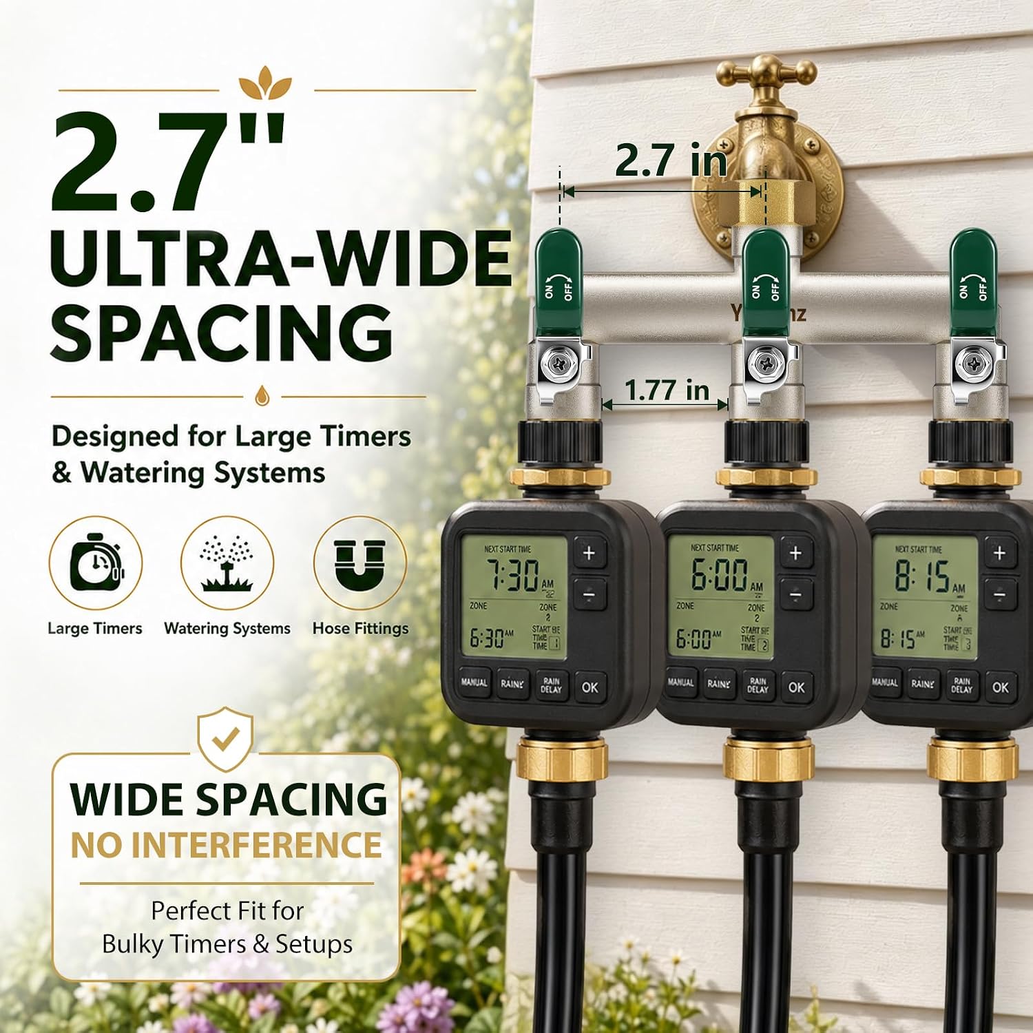 3 Way Garden Hose Splitter, 3/4" GHT Full Flow Hose Splitter | One-Piece Heavy Duty Full Brass Body with Shut-off