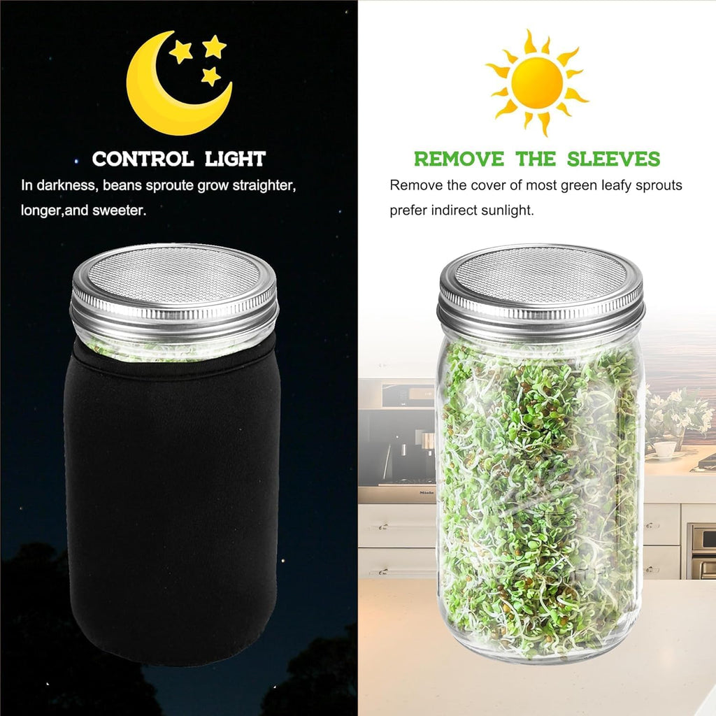 Kitmiido Organic Seed Sprouting Jar Kit – 2 × 32 oz Wide-Mouth Mason Jars | Stainless-Steel Sprouter Lids & Stand