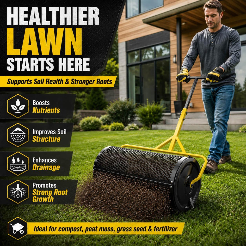 30 Inch Compost Spreader, Peat Moss & Lawn Top Dressing Spreader | 26 Gal (99L) Heavy Duty Metal Mesh Roller, Welded