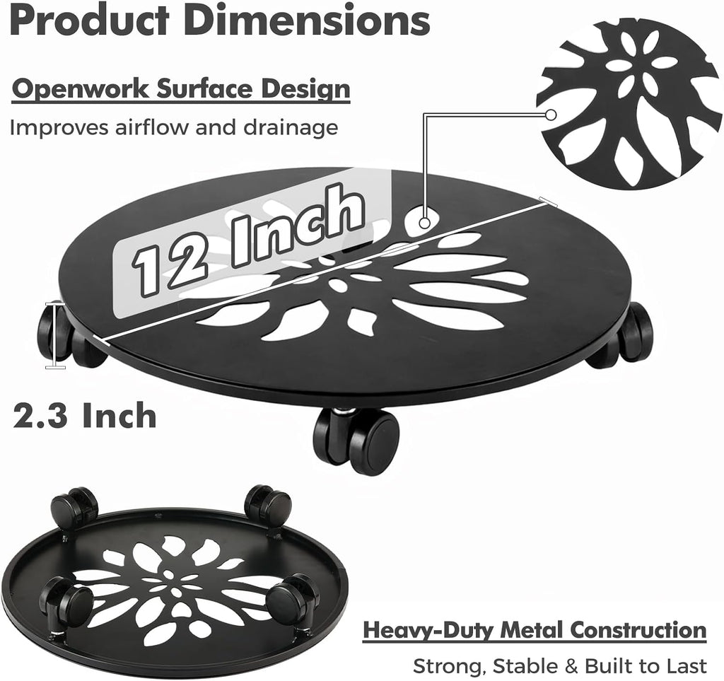 12 Inch Plant Caddy with Wheels, 3 Pack Rolling Plant Stand Rollers with Casters Metal Plant Dolly with Wheels Heavy