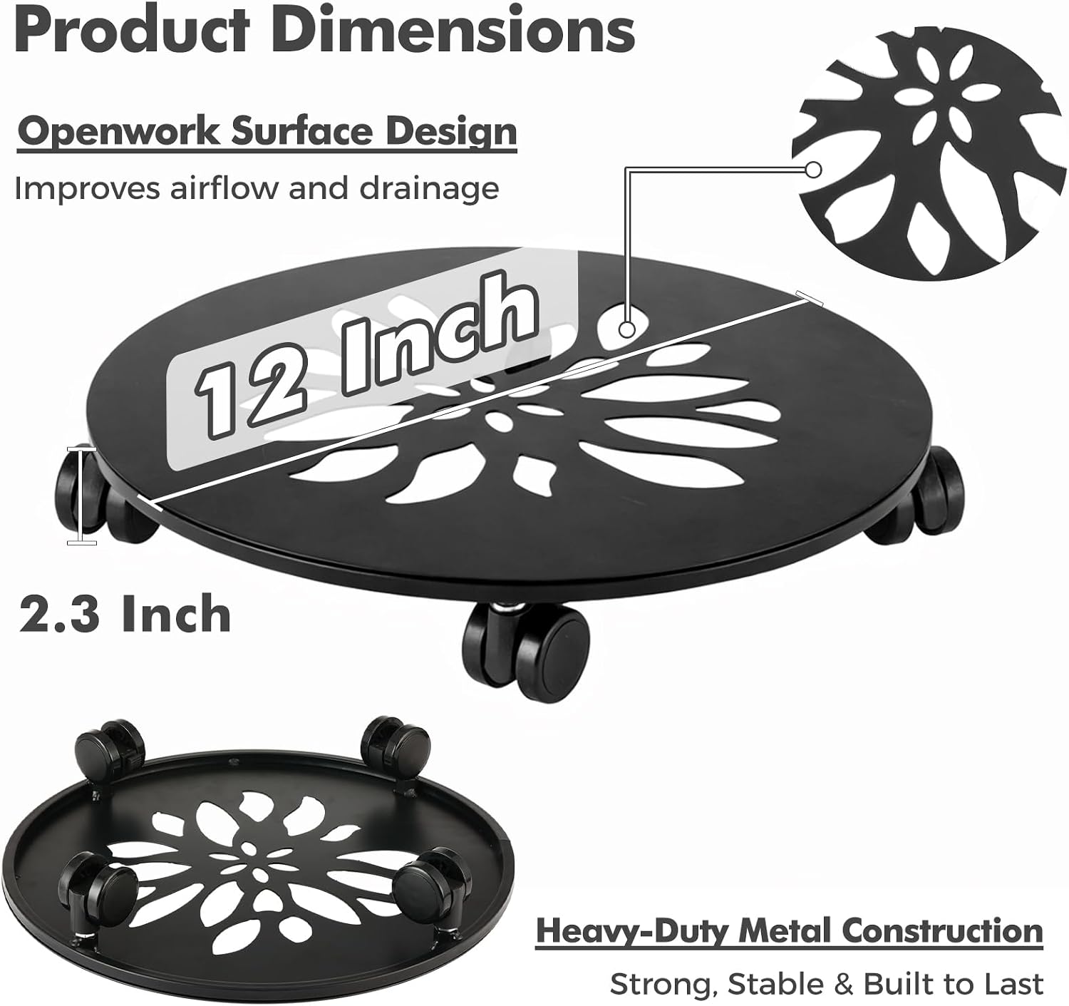12 Inch Plant Caddy with Wheels, 3 Pack Rolling Plant Stand Rollers with Casters Metal Plant Dolly with Wheels Heavy