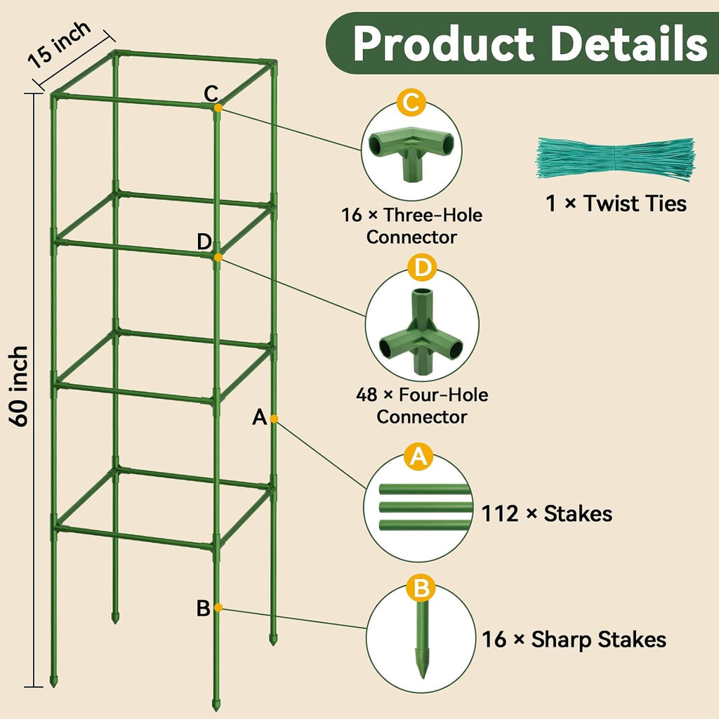 4 Pack 60" Tomato Cages for Garden, Heavy Duty Adjustable Plant Support | For Climbing Plants and Vegetables