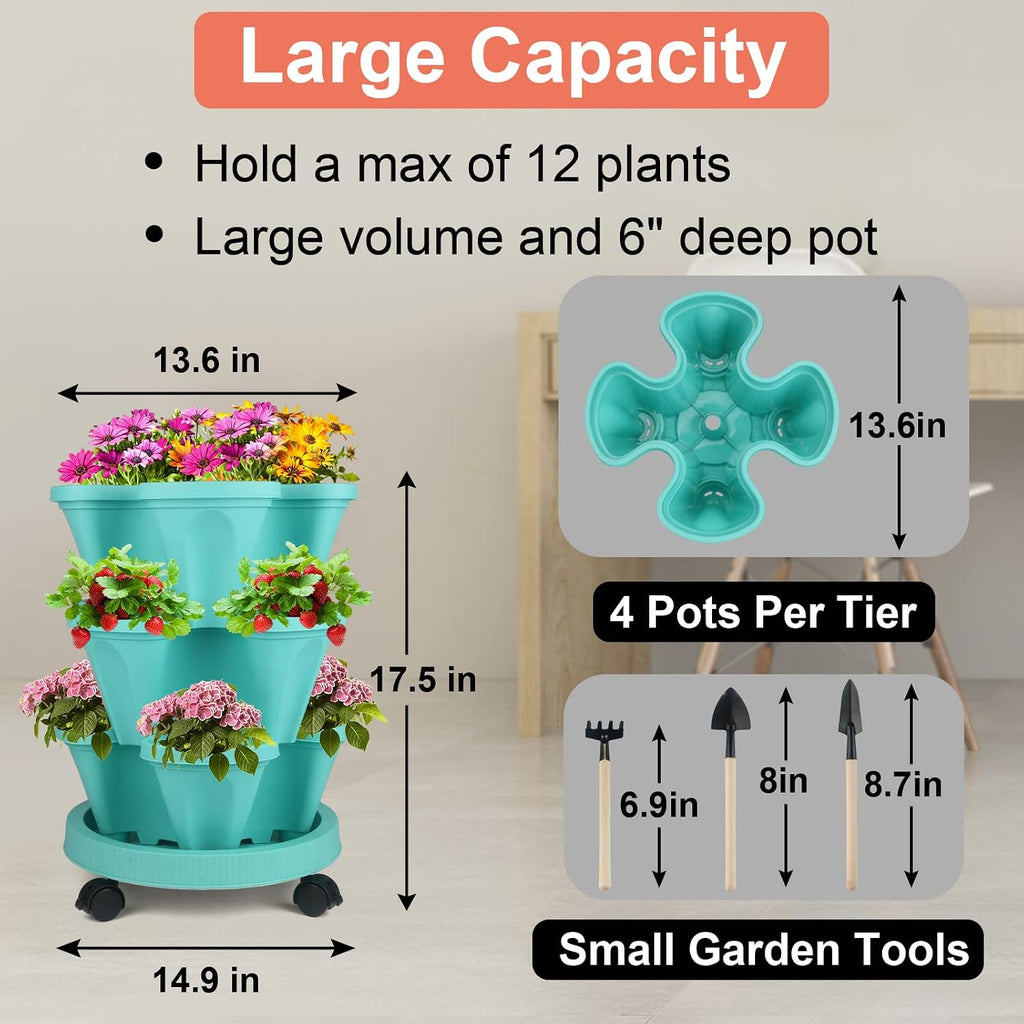DUNCHATY Stackable Planter, Vertical Garden Planter with Wheels and Tools, Self Watering Strawberry Planter