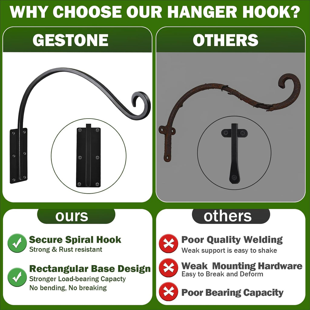 Heavy Duty 16 Inch Plant Hangers Bracket Outdoor 2 Pack Bird Feeder Hanger | 60LBS Capacity, Rust-Proof Metal Wall