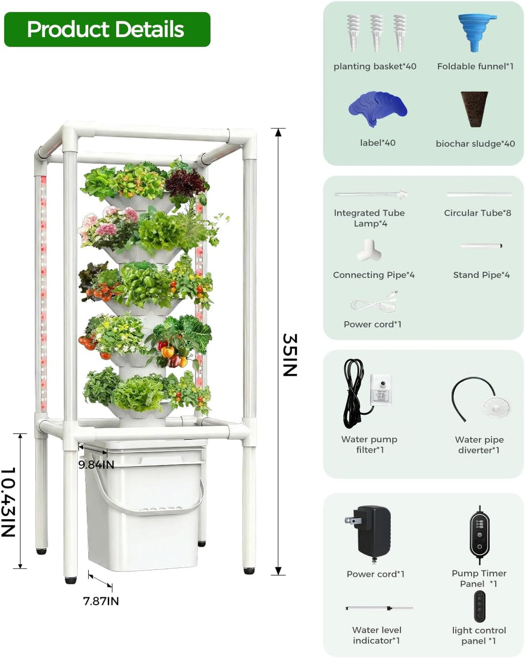 SJZX Hydroponics Growing System, Hydroponic Tower with Full-Spectrum Grow Lights, 5/14Tiers Indoor Outdoor Garden