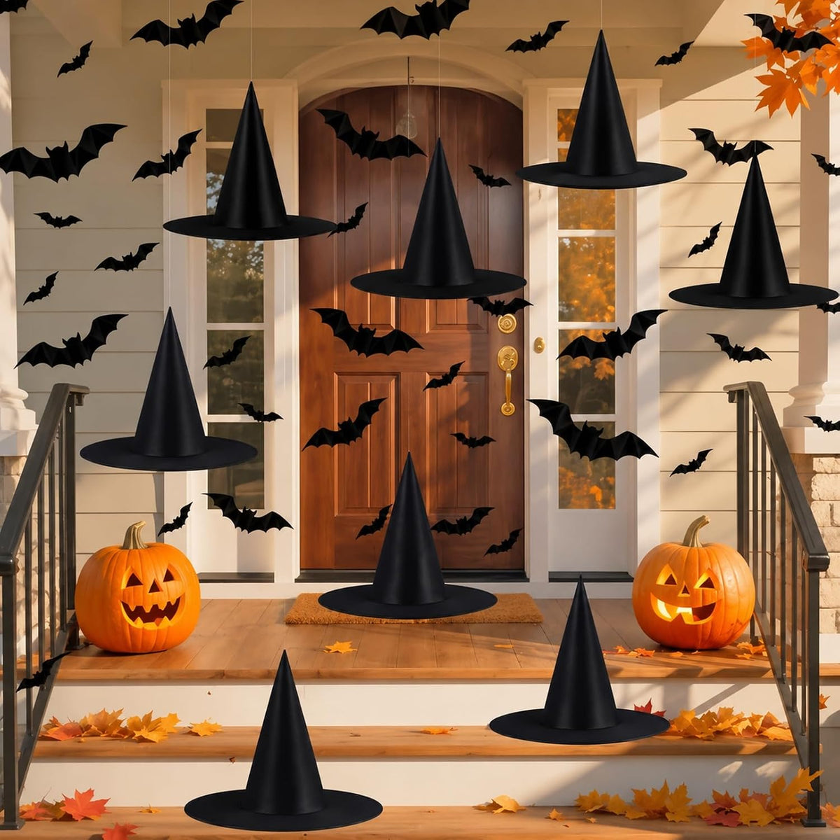 Tepoobea Halloween Decorations Black Witch Hats, 8 Pack Hanging Witches Hats & 32Pcs 3D Bats Halloween Decorations Outdoor Indoor