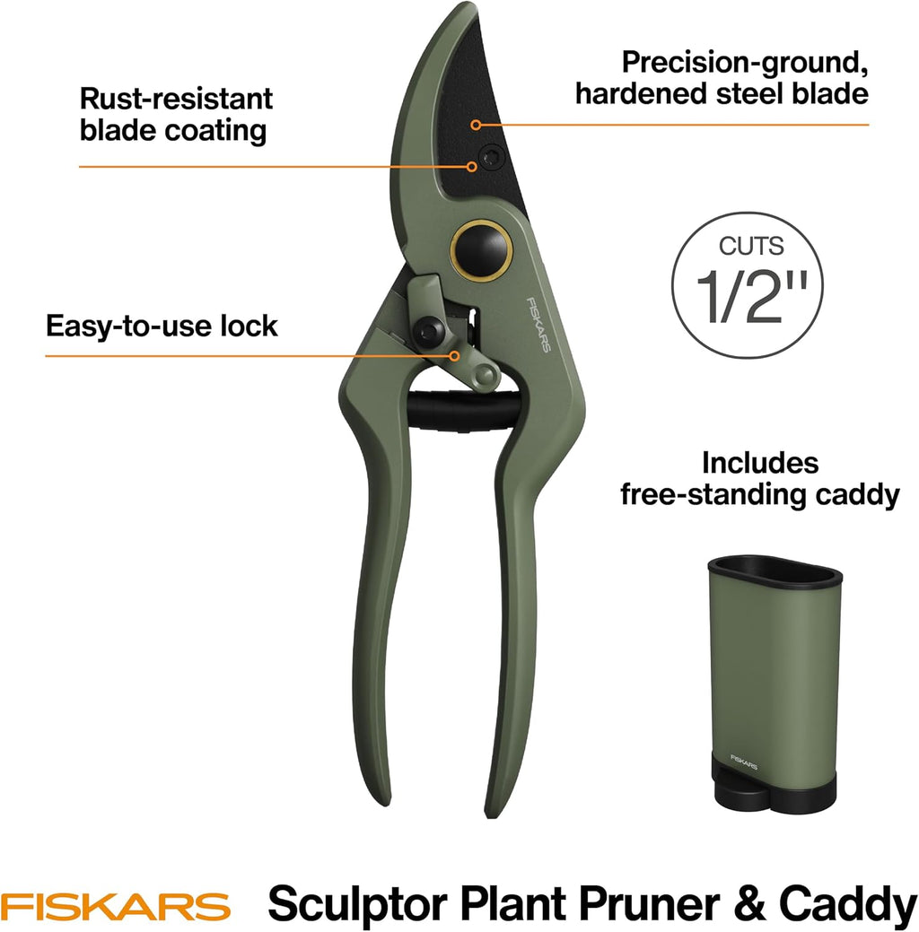 Fiskars 7" Plant Sculpting Bypass Pruners & Holder, 1/2" Cut Capacity | For Indoor Gardening & Bonsai, Low-Friction