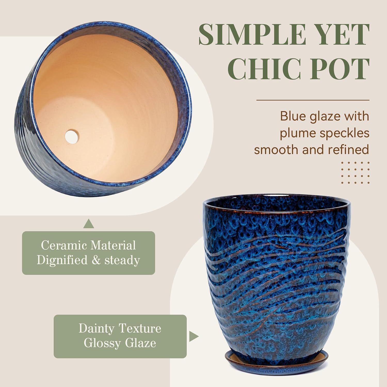 11.8 Inch Modern Ceramic Plant Pot with Saucer, Flower Pot with Drainage Hole Mesh Net,Indoor Outdoor Planter (Speckle