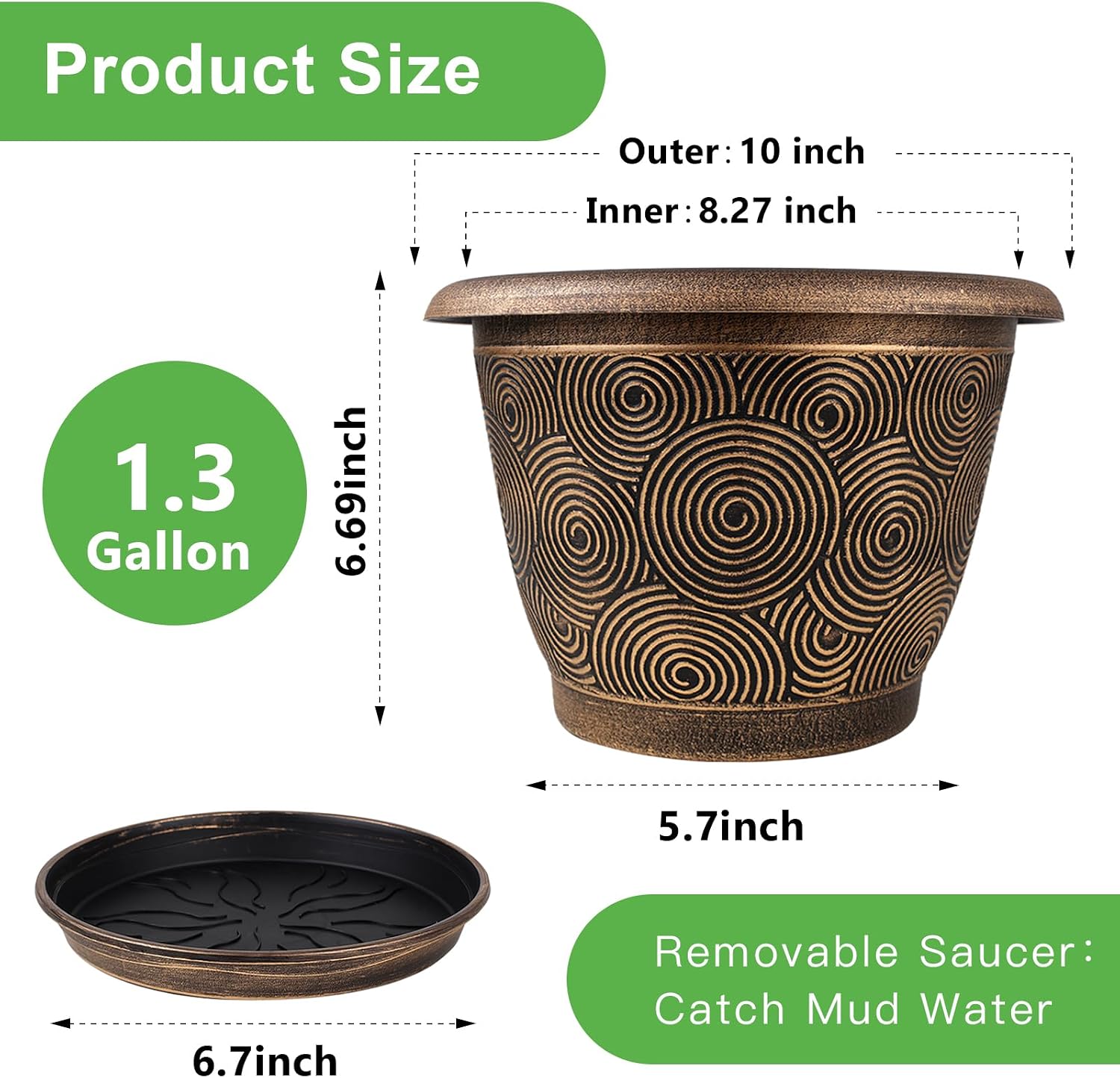 Fodetyff 10 Inch Flower Pots Planters for Indoor Outdoor Plants, 3 Pack Plastic Large Plant Pots with Drainage Hole &