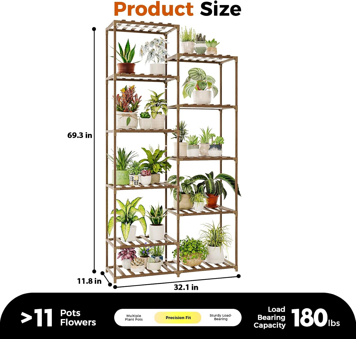 Bamworld Tall Plant Stand with Grow Lights Large Indoor Plant Shelf | for Multiple Plants Pots Wood Flower Stand Flower