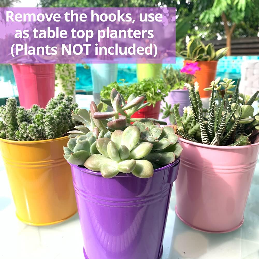 LaLaGreen Hanging Planters Outdoor -10 Pack, 6 Inch Colorful Large Metal Flower Pot, Balcony Planters Railing Hanging