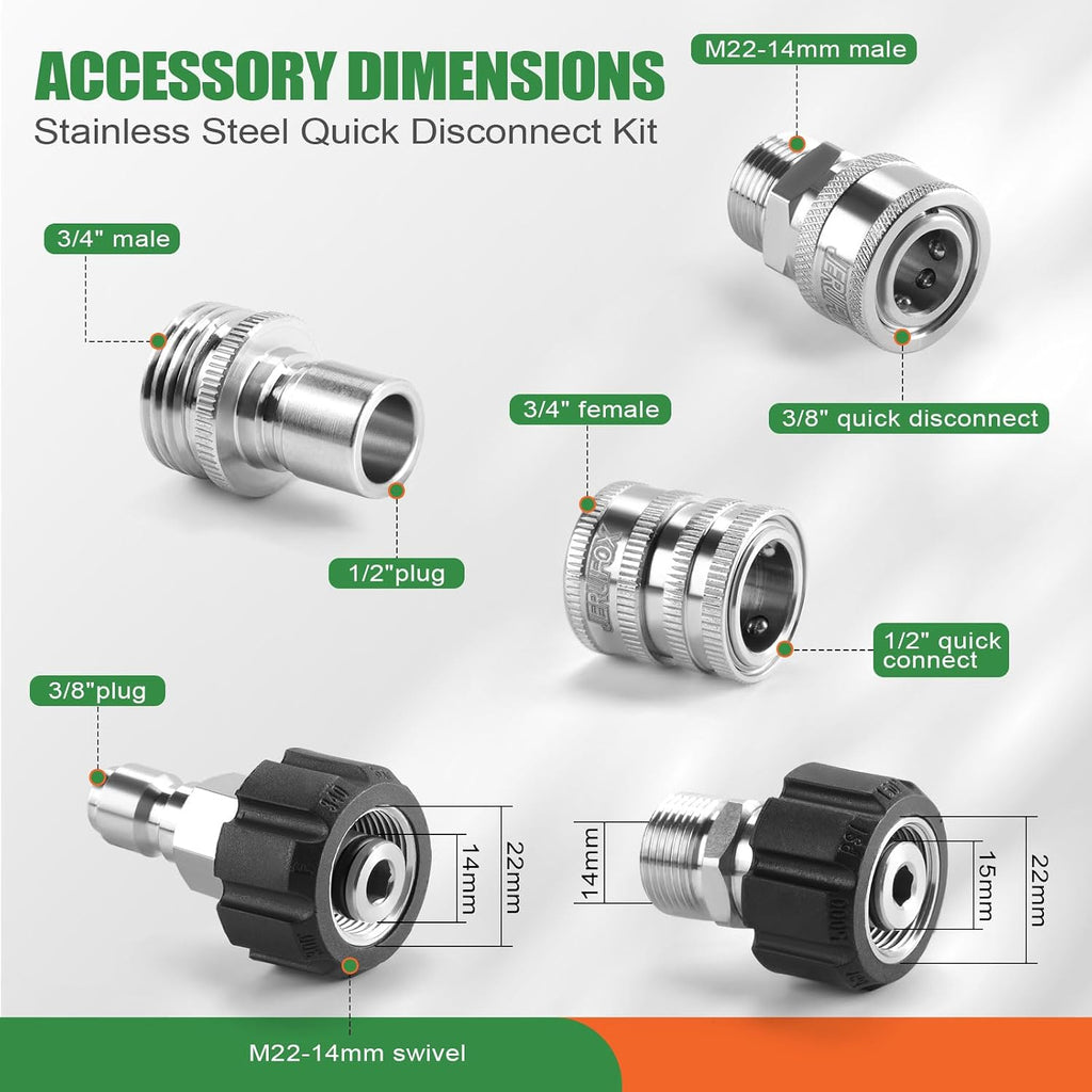 Pressure Washer Quick Connect Kit, Stainless Steel Pressure Washer Hose Adapter Set, M22 14mm Swivel to 3/8'' Male