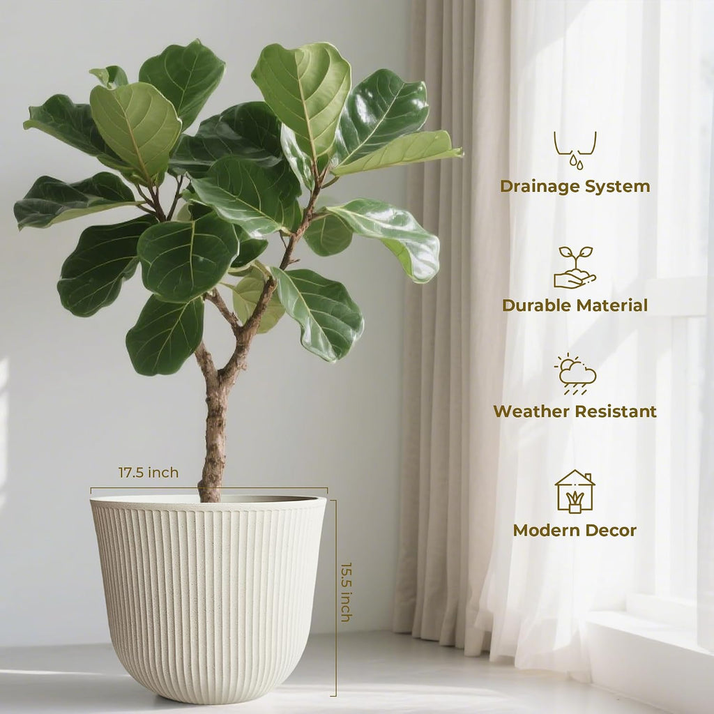Worth Garden Round Large Planter Pot Set of 2-17.5" Dia x 15.5" H - Durable Plastic Beige Plant Tree Pots with Vertical