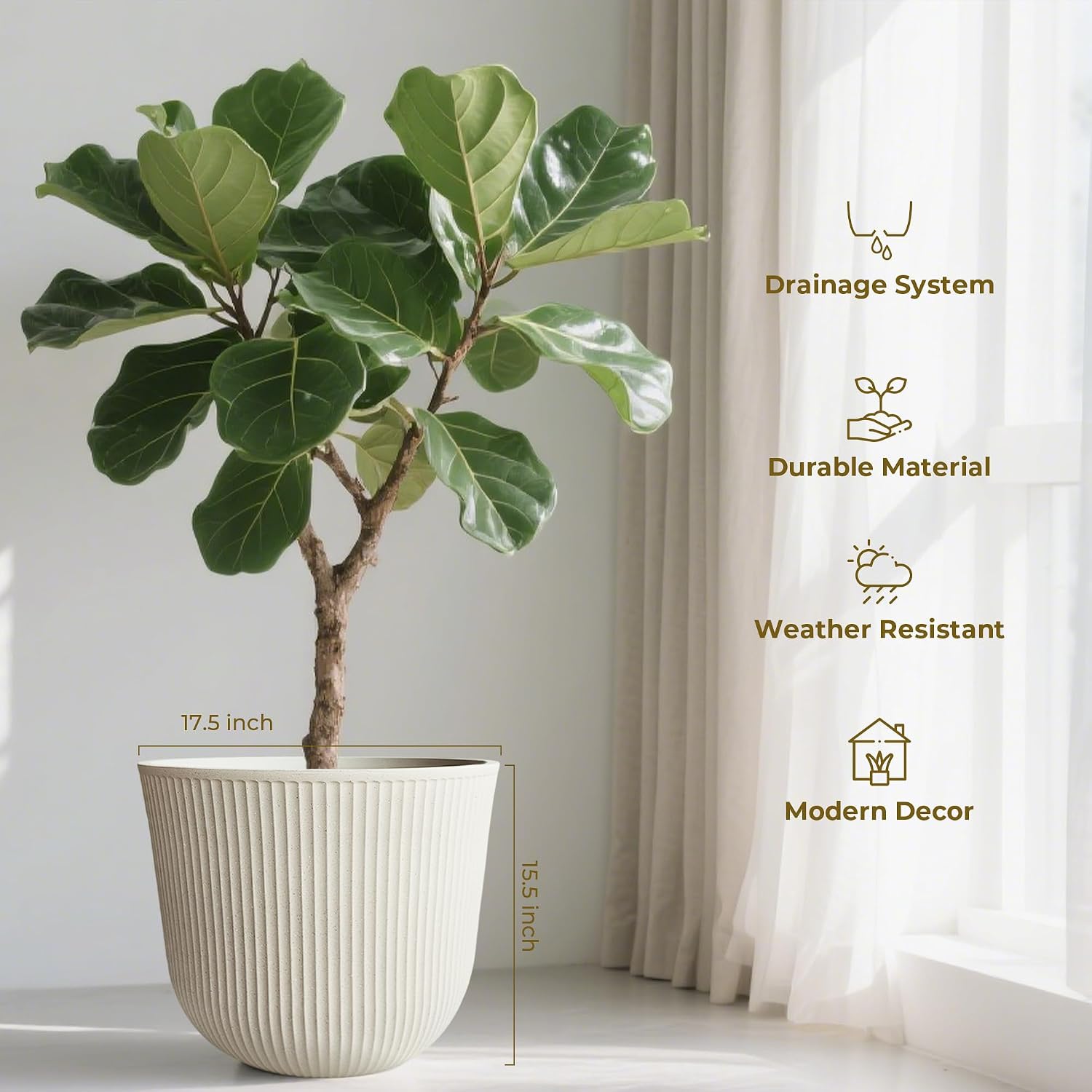 Worth Garden Round Large Planter Pot Set of 2-17.5" Dia x 15.5" H - Durable Plastic Beige Plant Tree Pots with Vertical