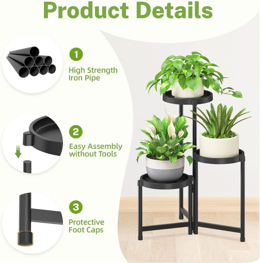 iDavosic.ly 3 Tier Folding Plant Stand Indoor Outdoor, Plastic Tray, Black | Space Saving Tiered Corner Storage Display