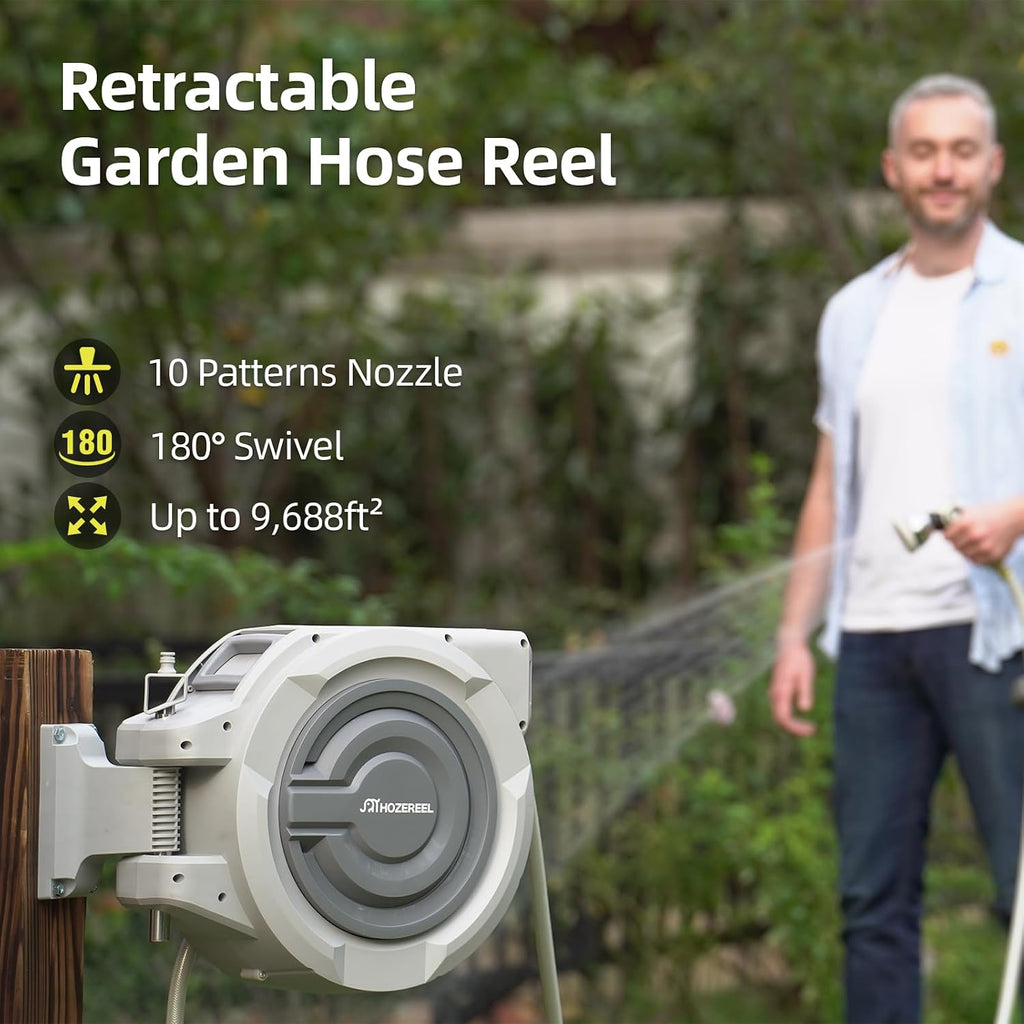 Retractable Garden Hose Reel 1/2" x 110ft | UV Resistant Automatic Slow Self Retract Hose Reel, 180°Swivel Wall Mount