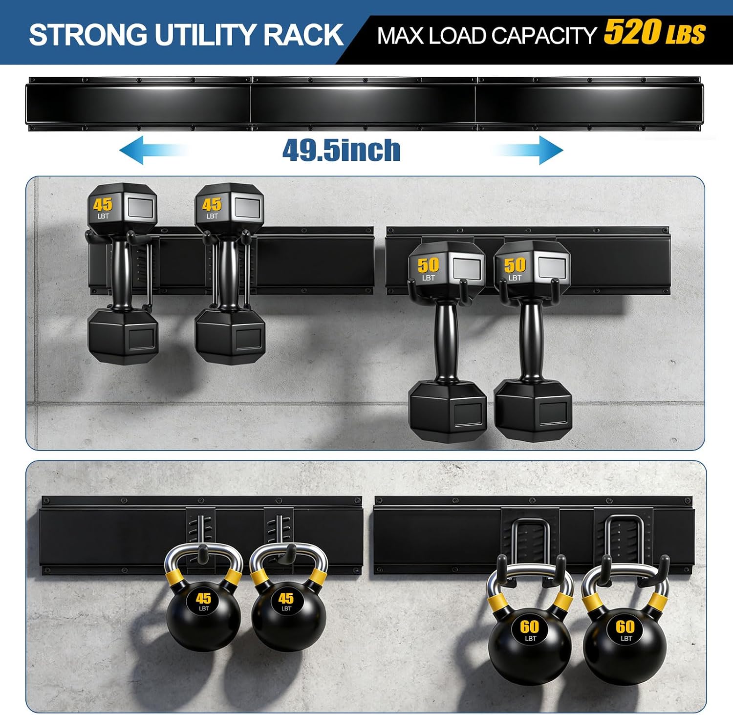 Garage Tool Organizer Wall Mount 49.5", 520lbs Heavy Duty Rack | 11 Adjustable Hooks for Garage Wall Garden & Yard