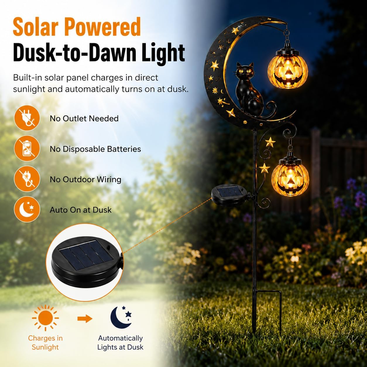 Solar Halloween Black Cat Pumpkin Moon Garden Stake Light for Outdoor Decor | Outdoor Waterproof LED Pumpkin Lights