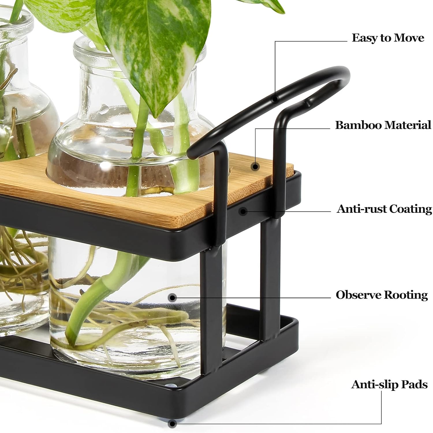 Plant Propagation Station with 5 Glass Jars, Retro Hydroponic Planter Vase | Propagation Jars with Metal Stand, Desktop