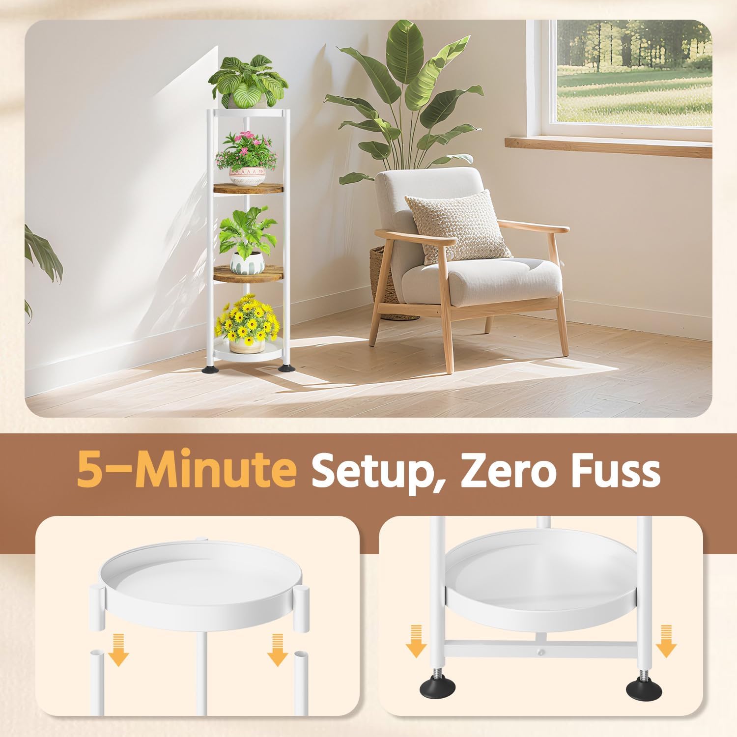 LASZOLA Plant Stand Tall Flower Holder for Indoor Corner, 4 Tier White | Heavy Duty Metal Vertical Multi Level Shelf