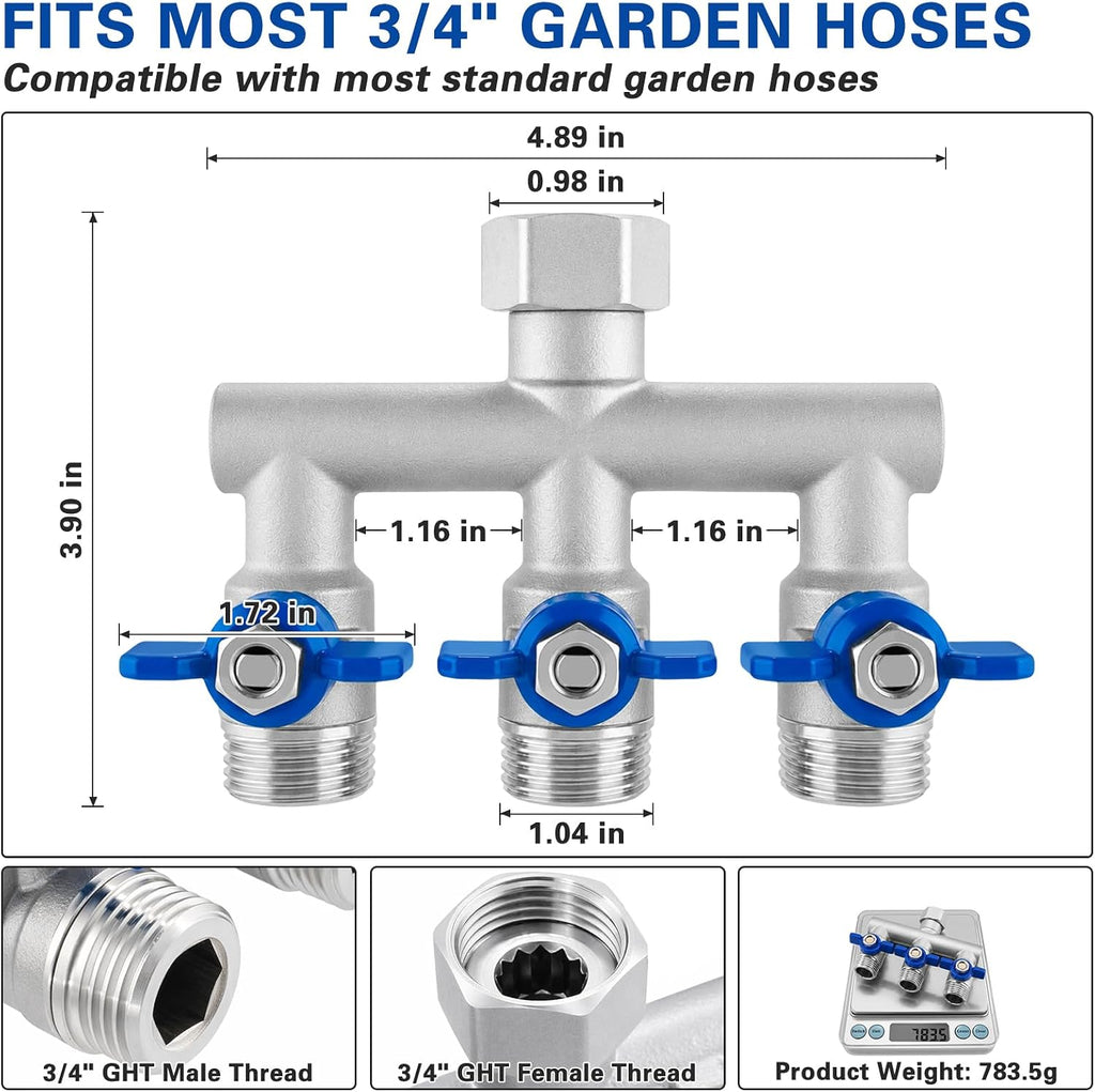 304 Stainless Steel 3 Way Garden Hose Splitter, Heavy Duty Hose Splitter with 3 Shut-Off Valves, 3/4" GHT Outdoor
