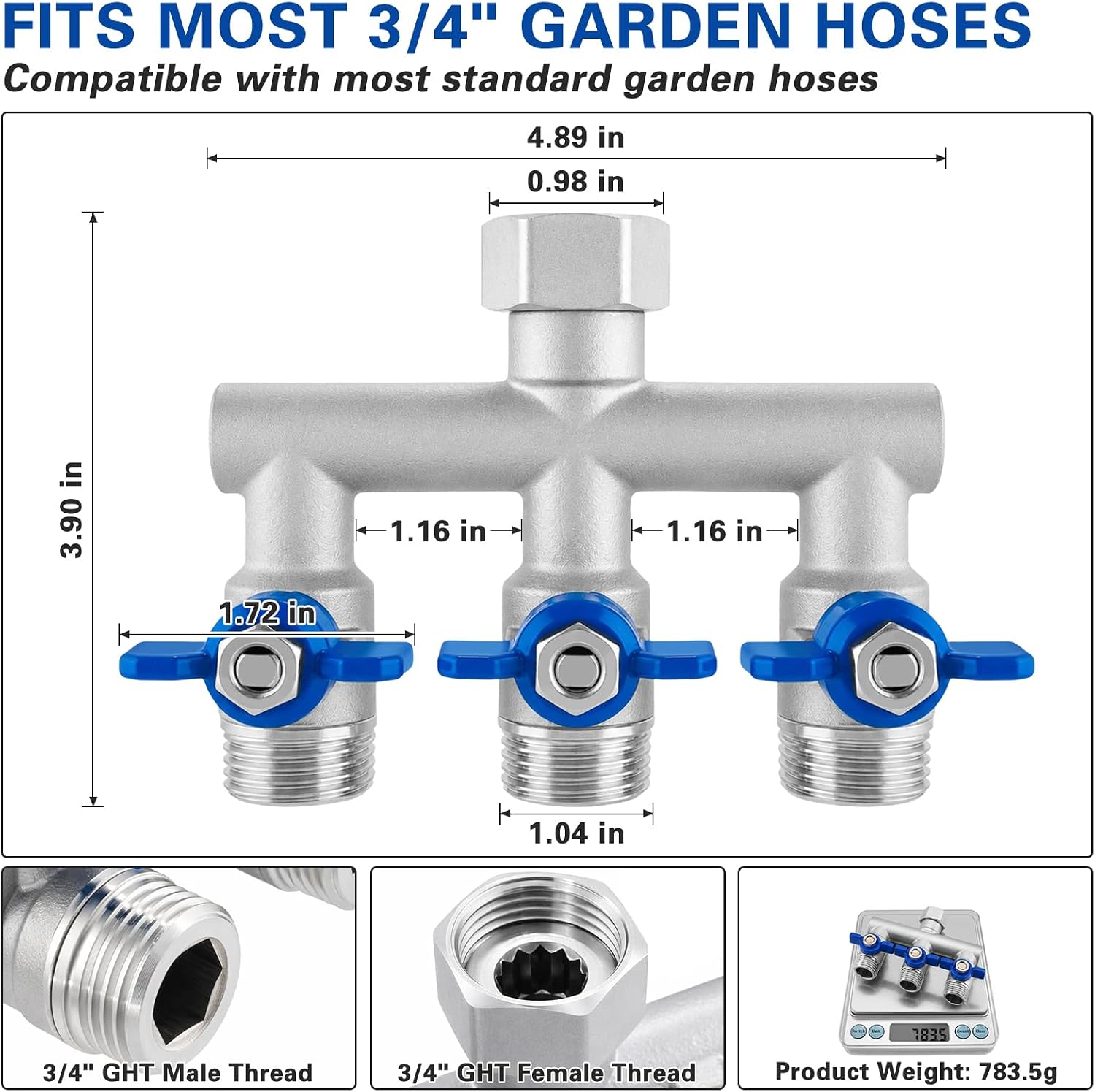 304 Stainless Steel 3 Way Garden Hose Splitter, Heavy Duty Hose Splitter with 3 Shut-Off Valves, 3/4" GHT Outdoor