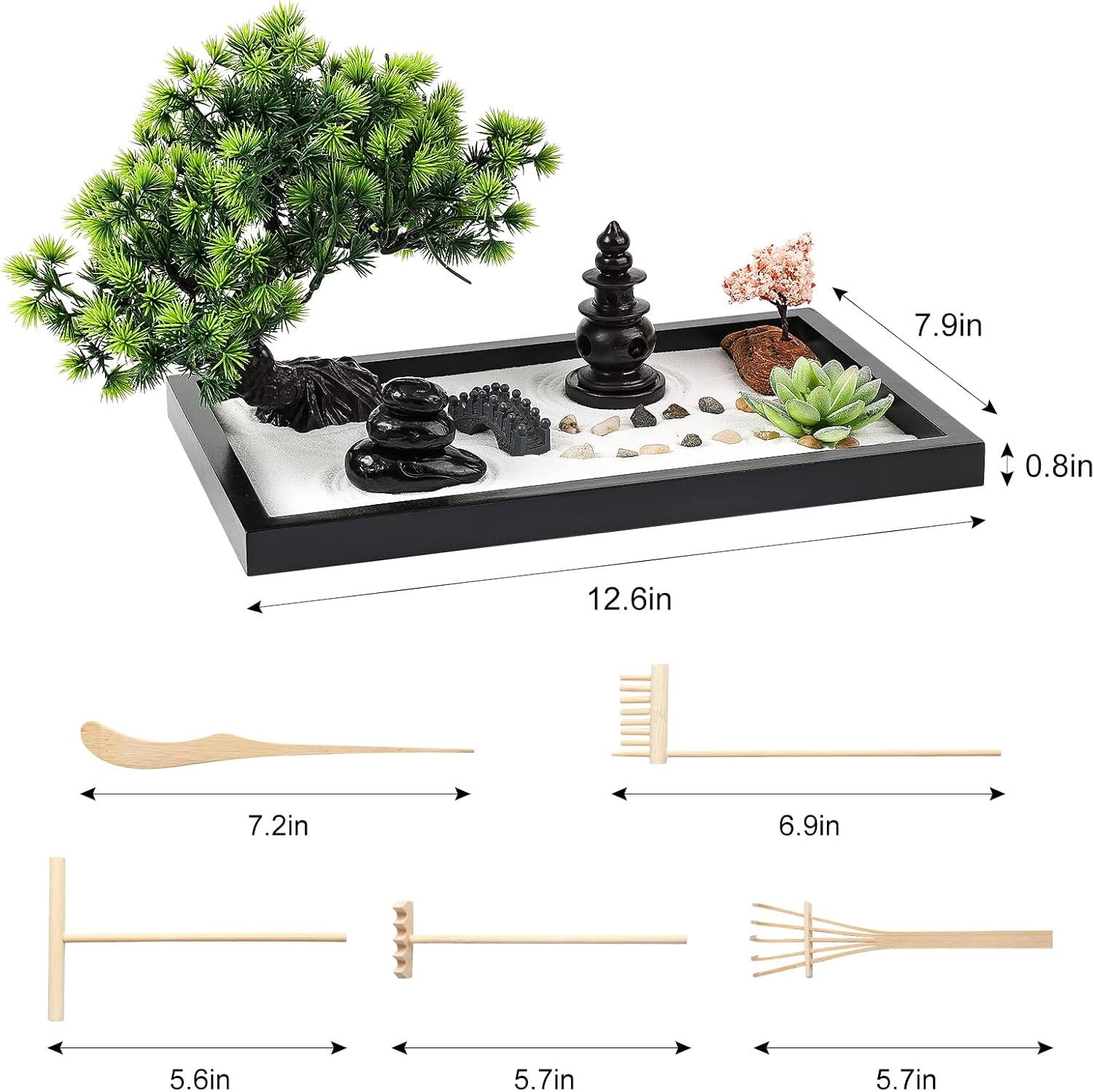 Zen Garden Kit for Desk Decor - Premium Beautiful Japanese Mini Sand Box Set Home, Office with Black Wooden Tray, White