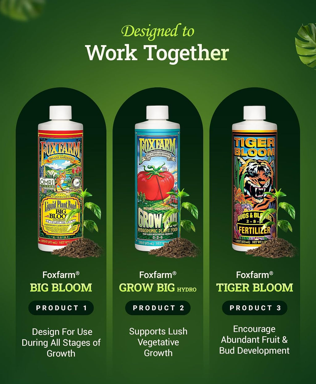FoxFarm Hydro Liquid Trio Pack - Big Bloom, Grow Big Hydroponic, Tiger Bloom Fertilizers for Plant Growth, Bud