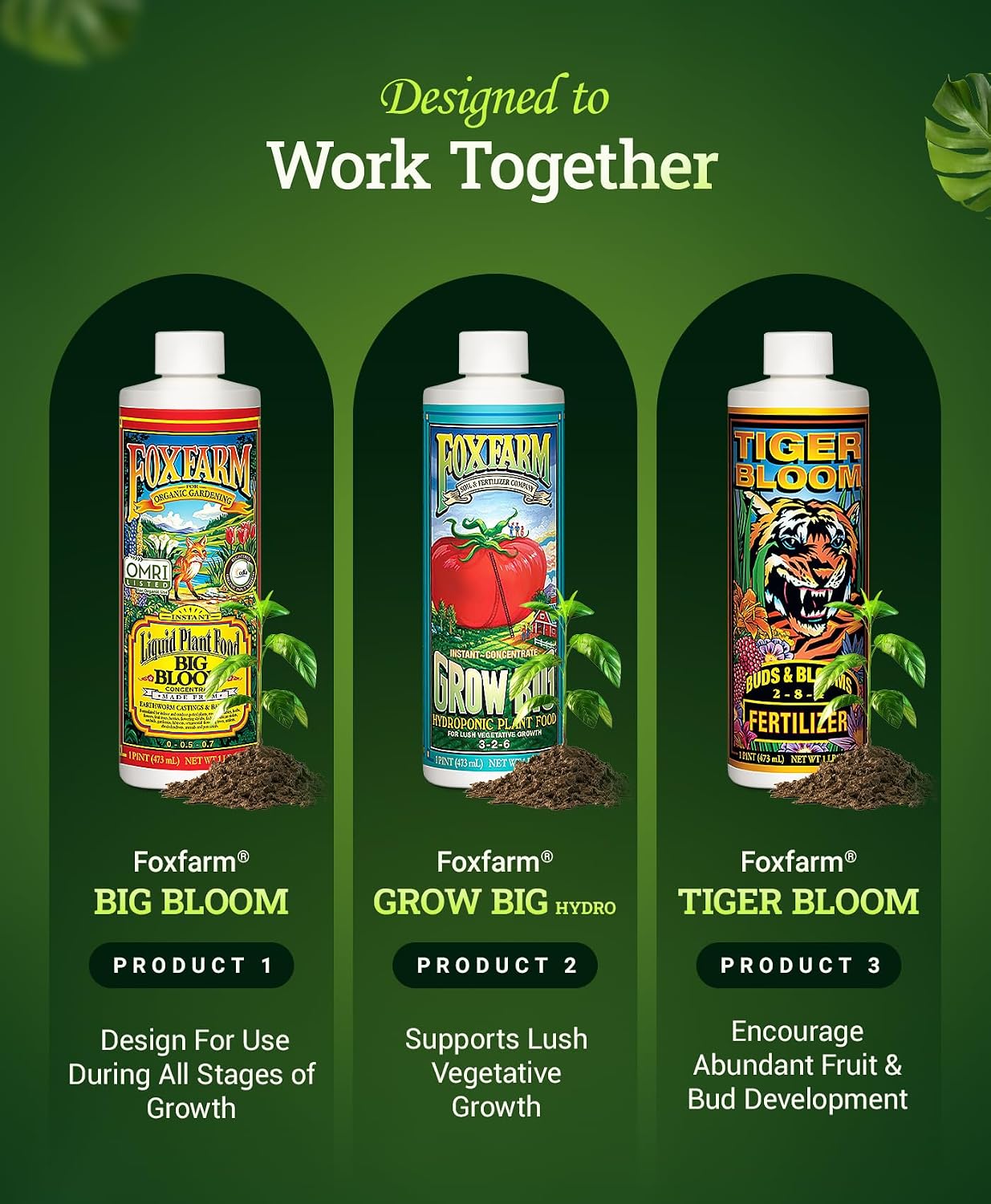 FoxFarm Hydro Liquid Trio Pack - Big Bloom, Grow Big Hydroponic, Tiger Bloom Fertilizers for Plant Growth, Bud