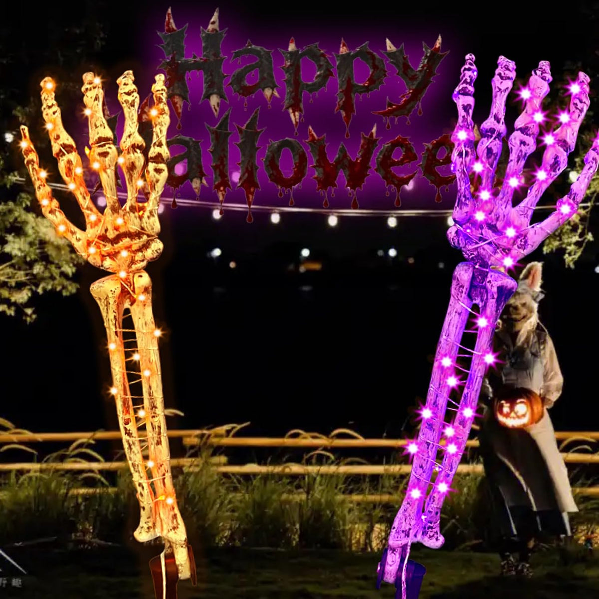Solar Skeleton Hand Lights 2 Pack, 100LED Halloween Yard Stakes