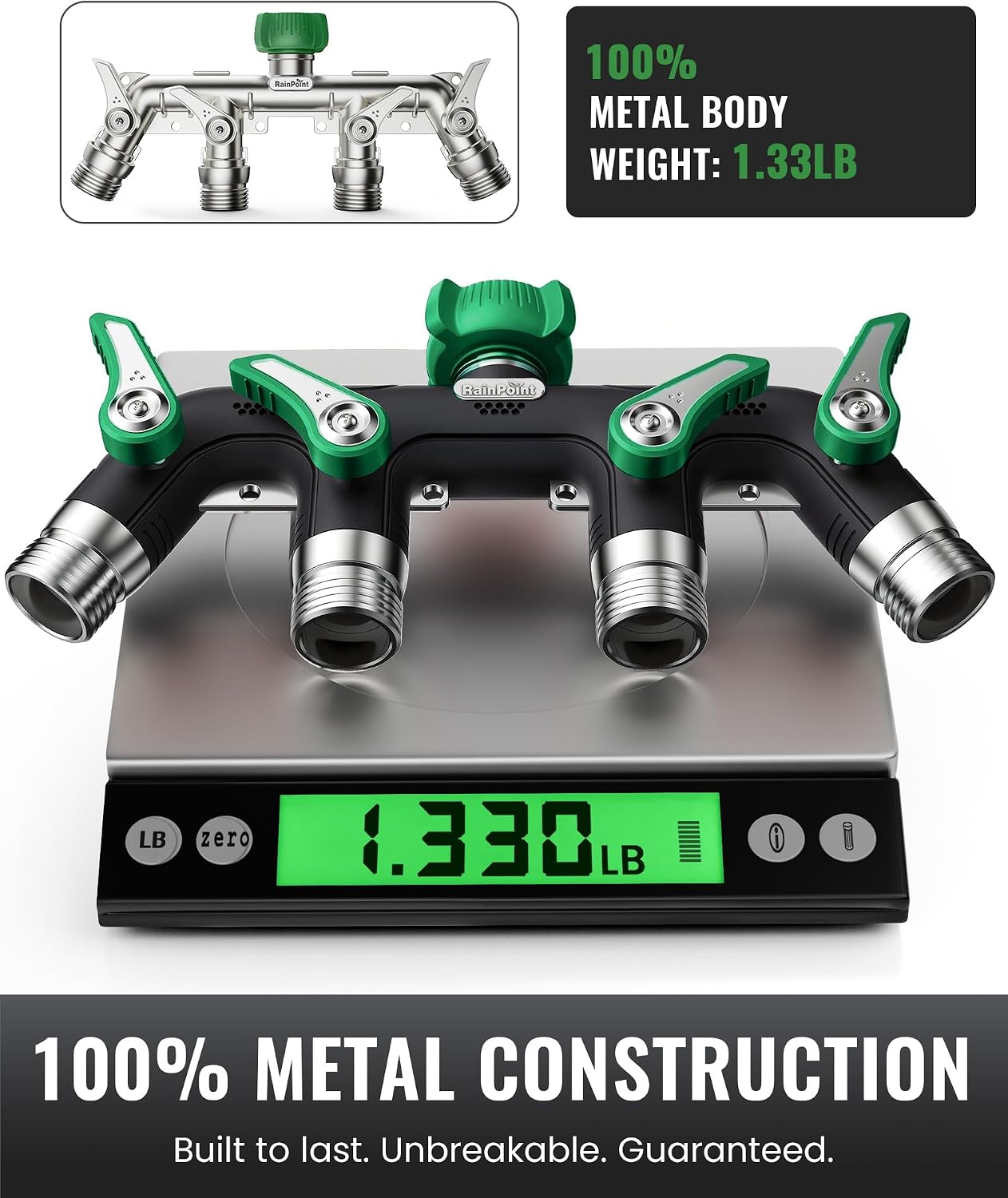 RAINPOINT 4 Way Garden Hose Splitter, 100% Metal Heavy Duty Water Hose Splitter with Individual Shut-Off Valves, 3/4"