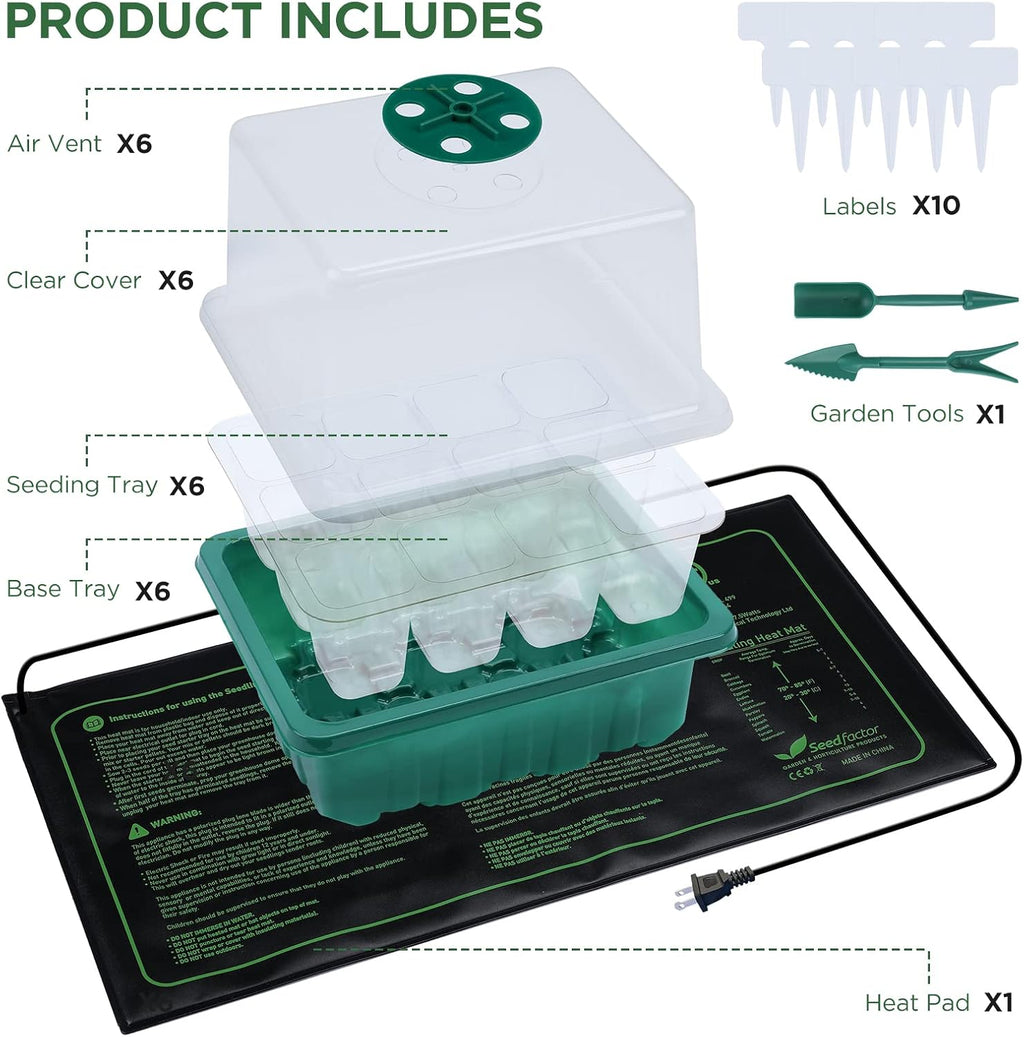 7-Pack Seed Starter Tray with Heat Mat (12 Cells per Tray), Plant Germination Trays with Adjustable Humidity Dome Seed