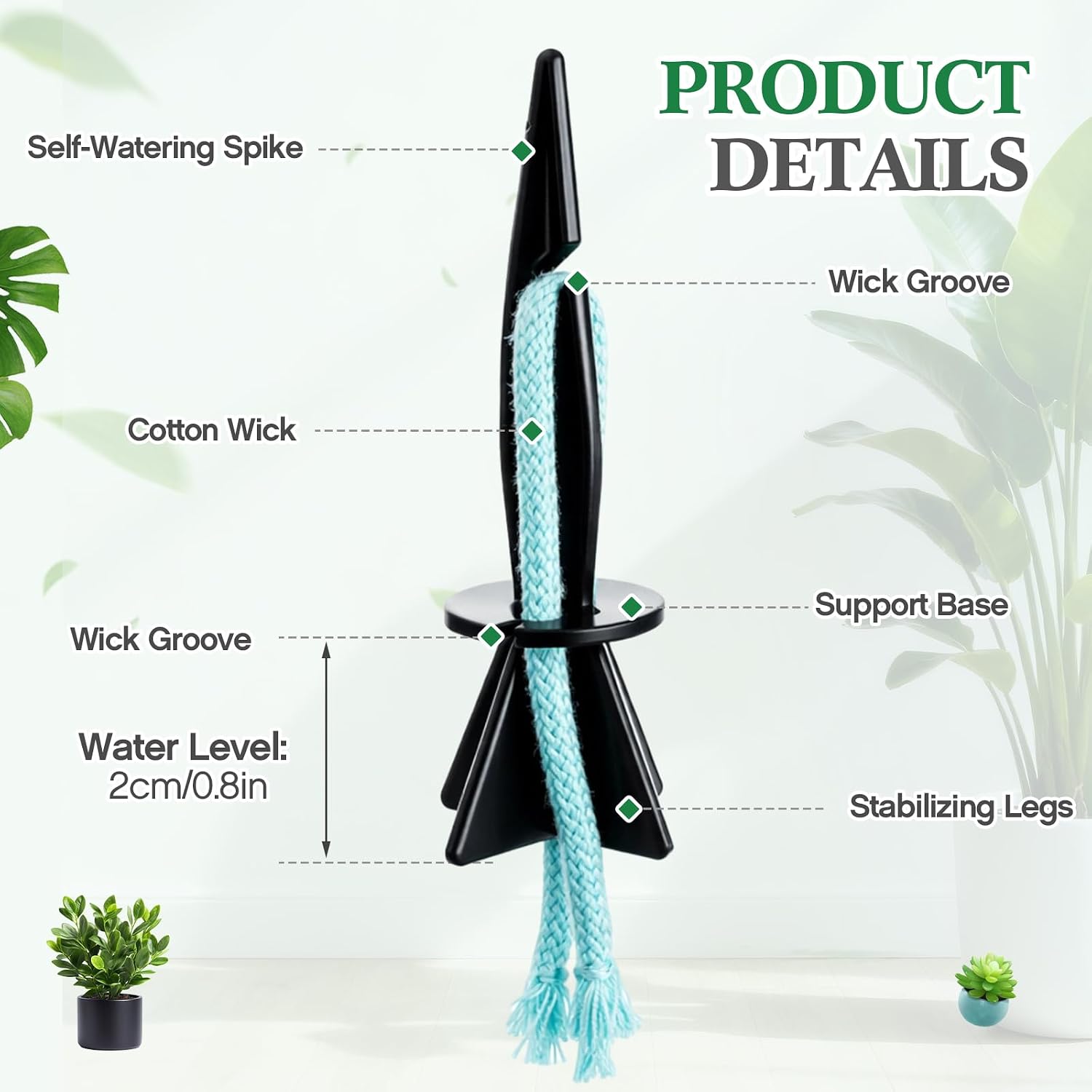 60 Pack Self Watering Spikes for Plants with Wick Rope,Small | 32.8ft Wick String for Potted Plant Pots, Automatic