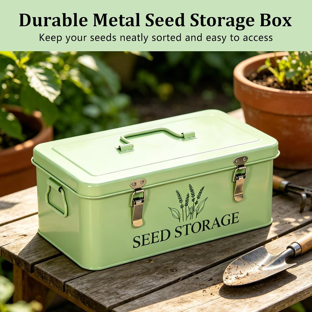 60-Slot Metal Seed Storage Organizer Box, Seed Saving Box | 3 Compartments Organization, 60 Seed Envelopes & Labels
