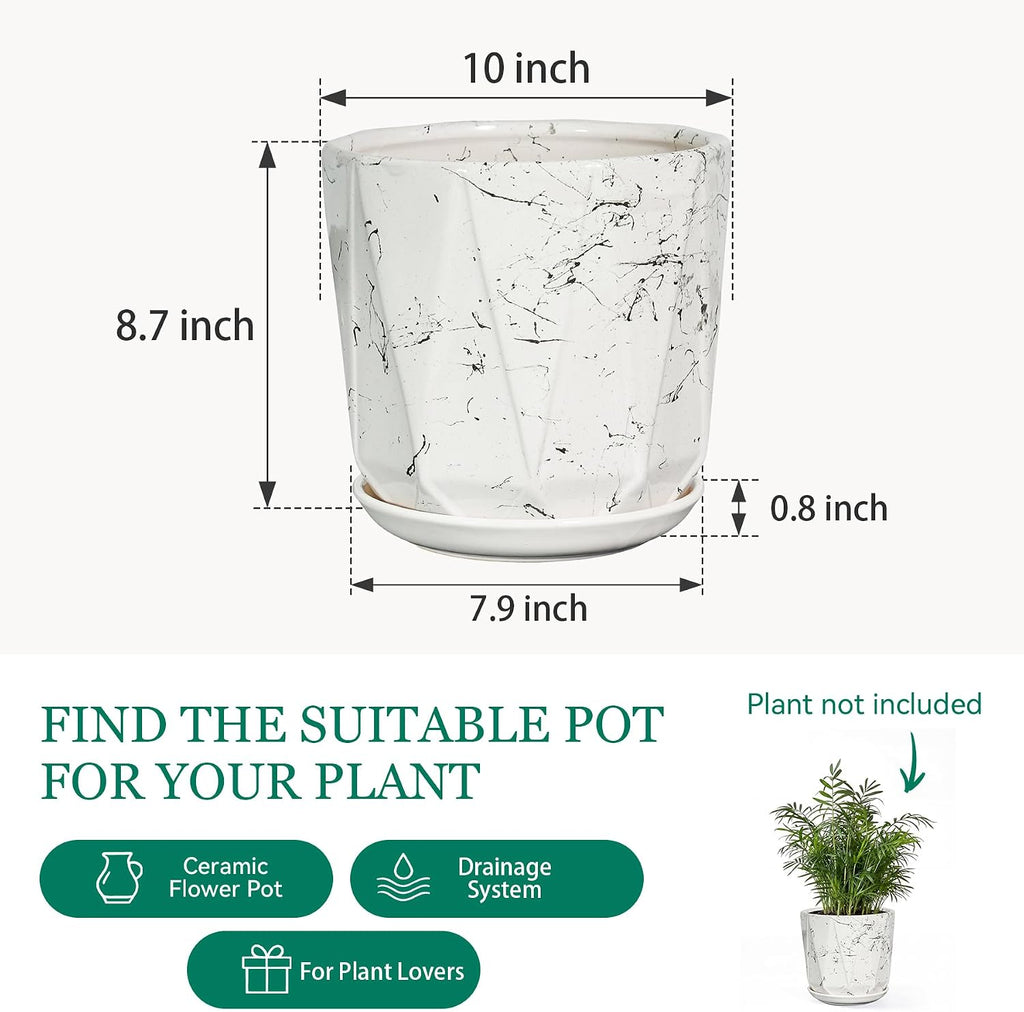 10 Inch Ceramic Plant Pot with Drainage Hole Mesh Net, Large Flower Pots for Indoor Plants with Saucer, Gardening Pots