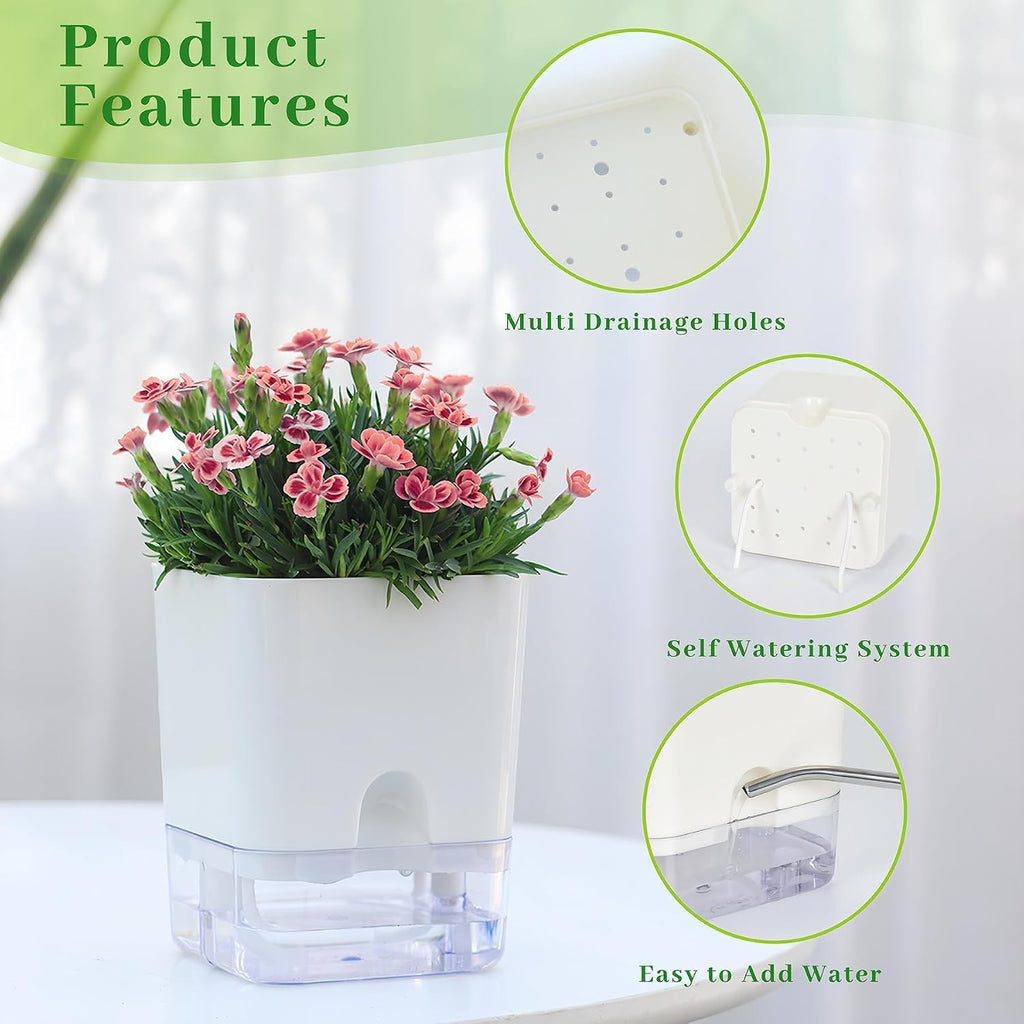 FAMZ Self Watering Pots for Indoor Plants 4 Pack White Self Watering Planters with Water Reservoir and Cotton Wick