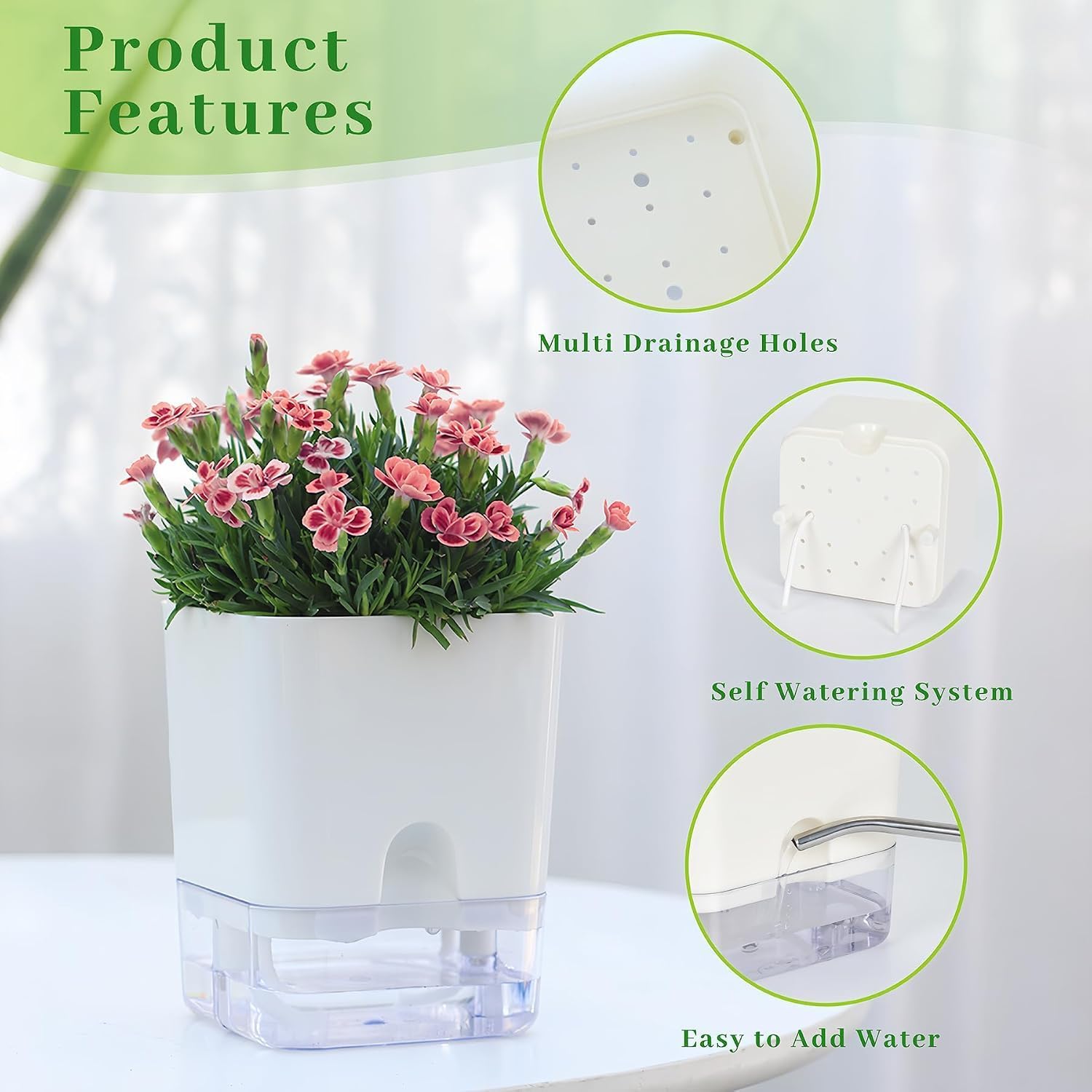 FAMZ Self Watering Pots for Indoor Plants 4 Pack White Self Watering Planters with Water Reservoir and Cotton Wick